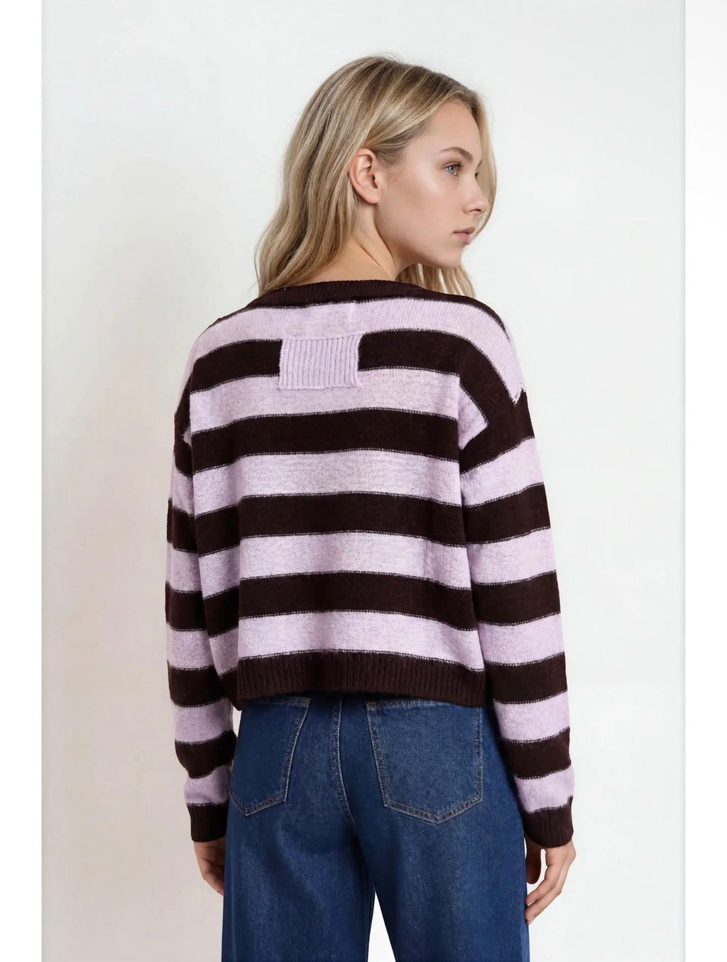 Burgundy Stripe Exposed Seam Cropped Sweater- Burgundy & Pink