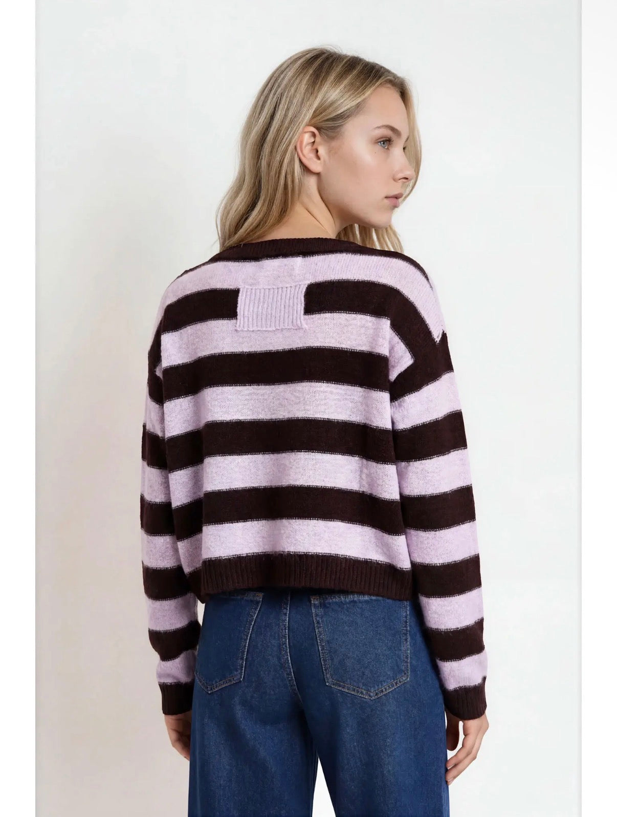 Burgundy Stripe Exposed Seam Cropped Sweater- Burgundy & Pink