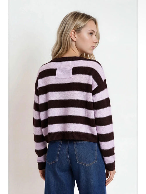 Burgundy Stripe Exposed Seam Cropped Sweater- Burgundy & Pink