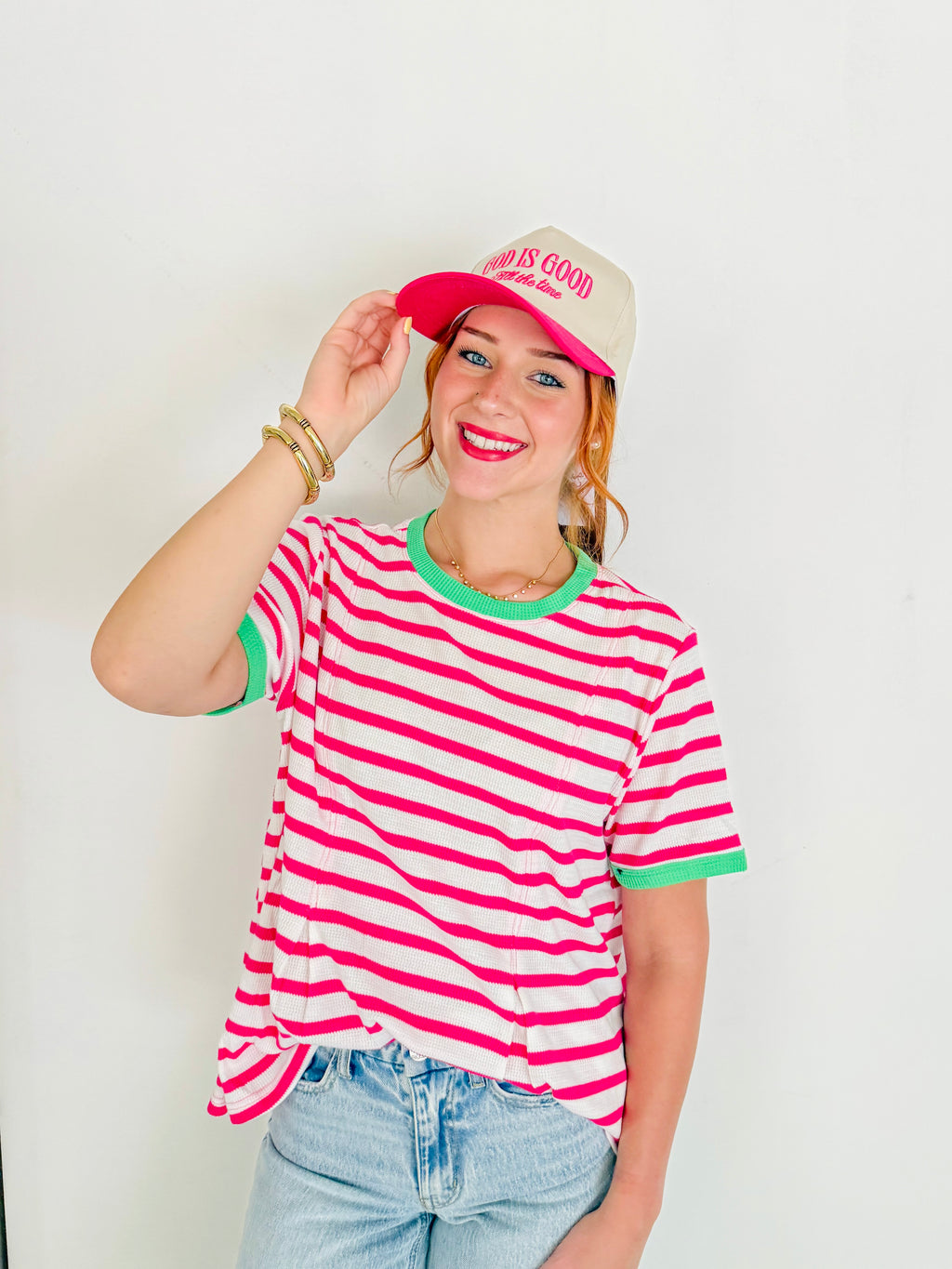 Waffle Knit Stripe Contrast Trim Top- Pink & Green