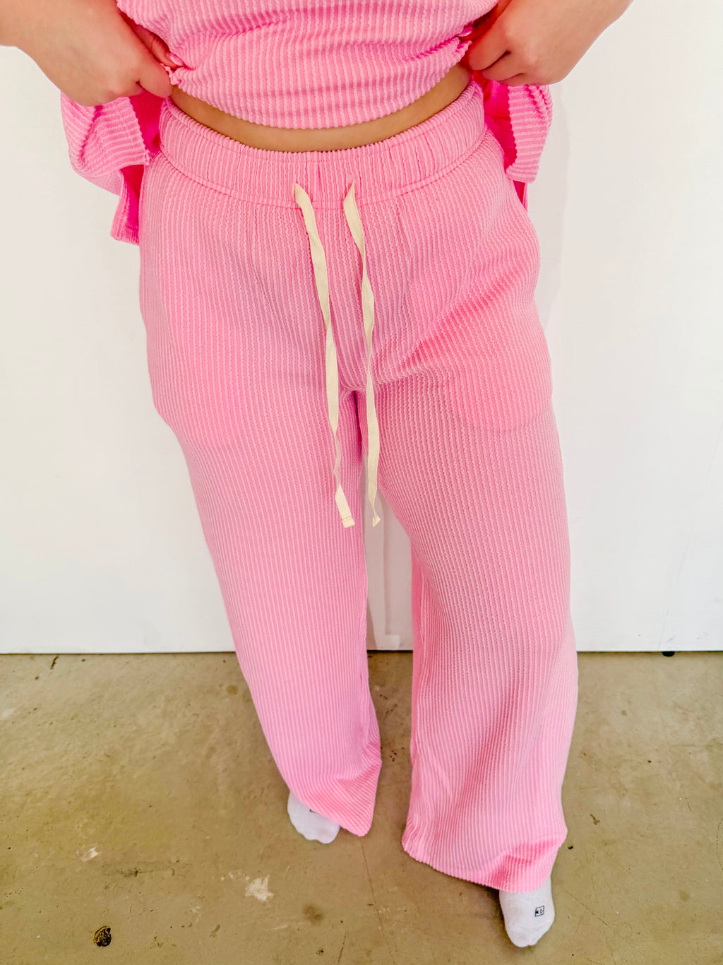 Ribbed Short Sleeve Tee & Pant Matching Set- Pink