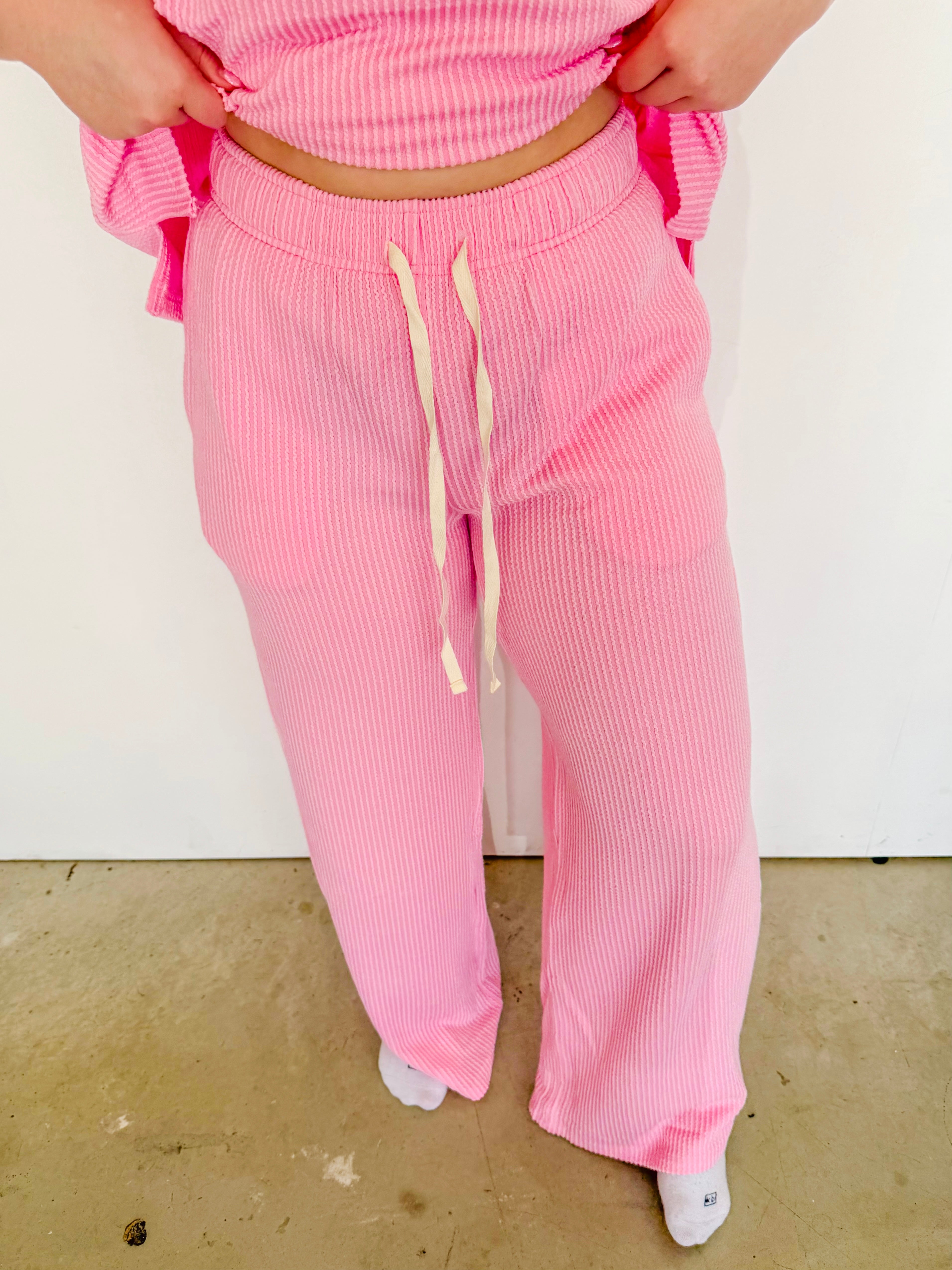 Ribbed Short Sleeve Tee & Pant Matching Set- Pink