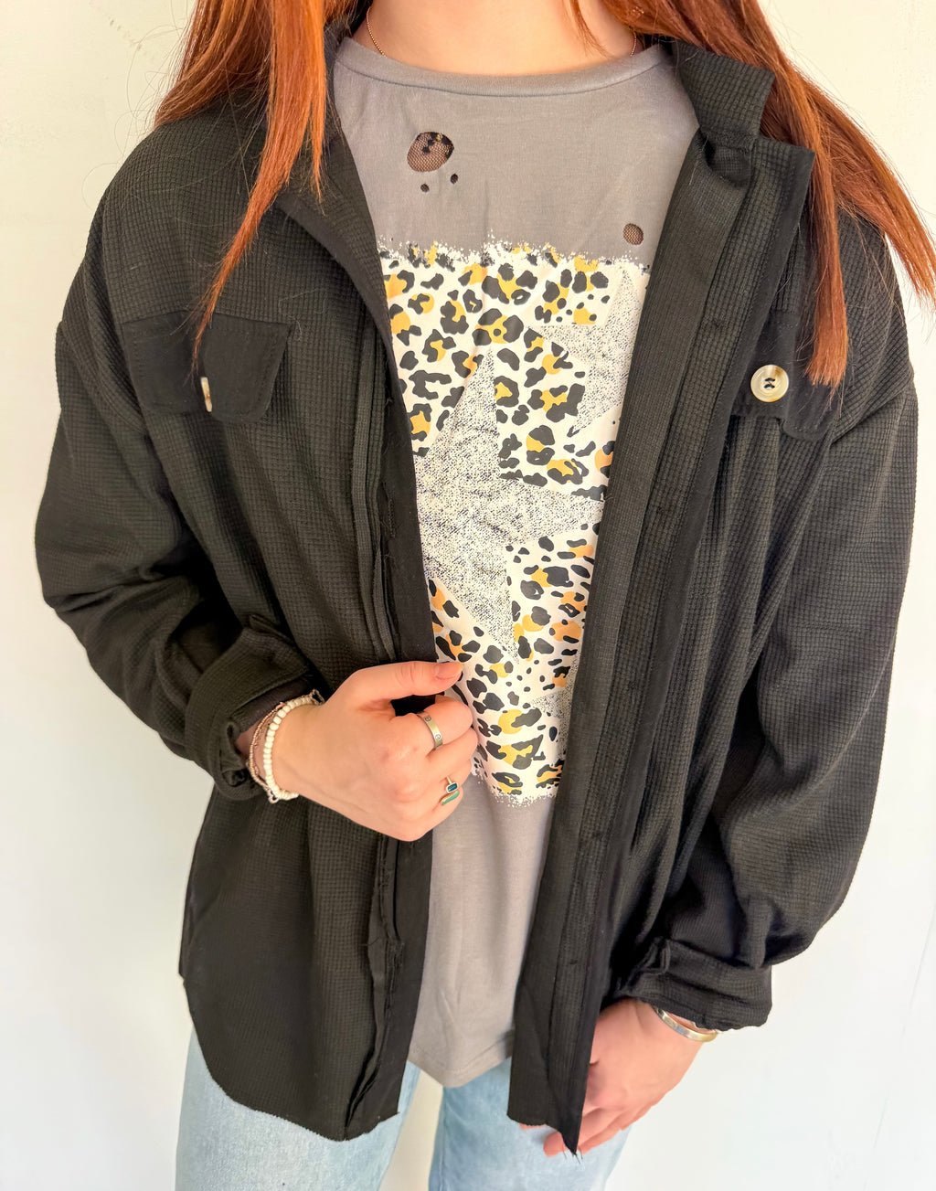 Long sleeve button front waffle knit black shacket