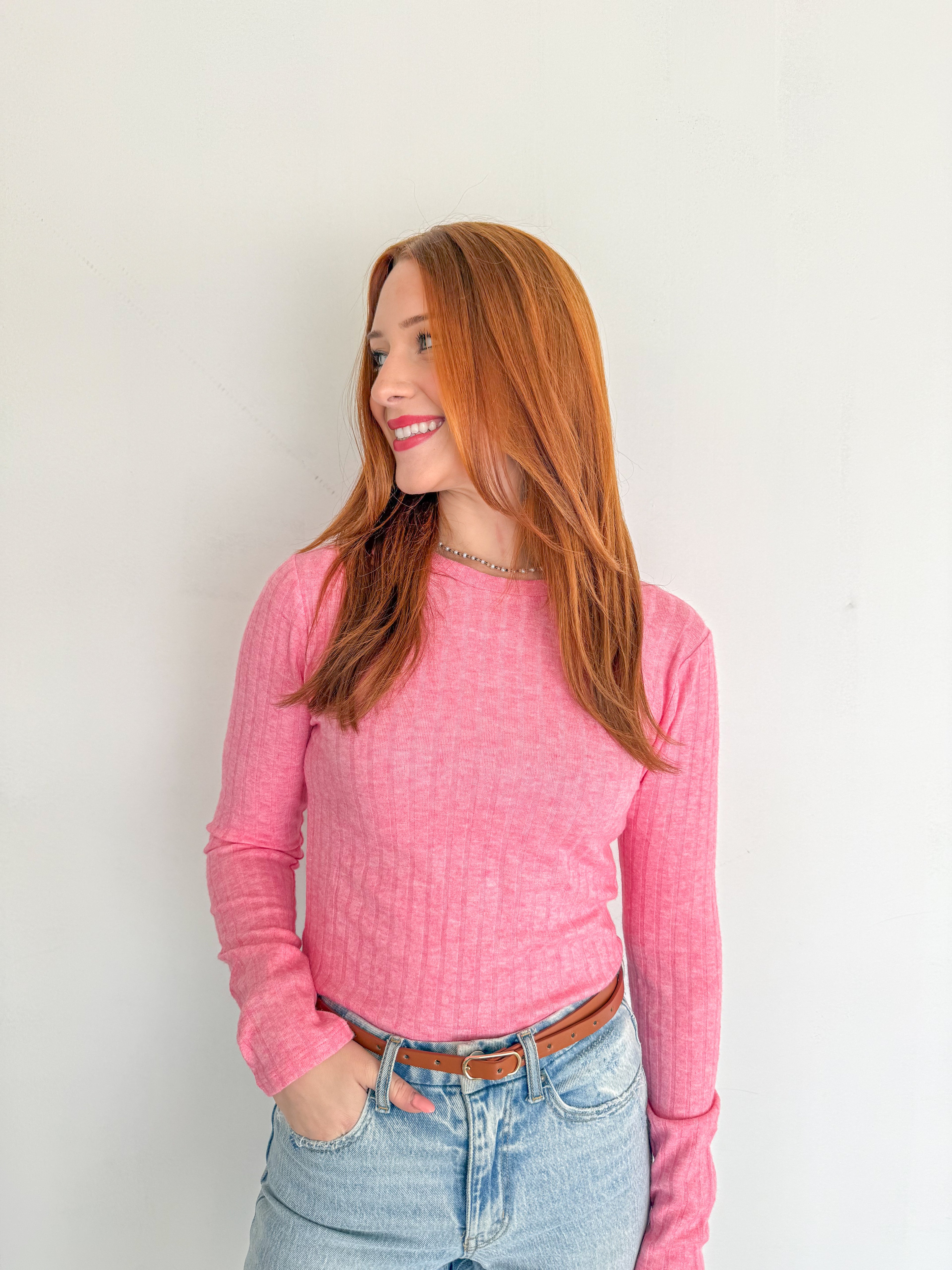 Soft Ribbed Long Sleeve Top- Fushia