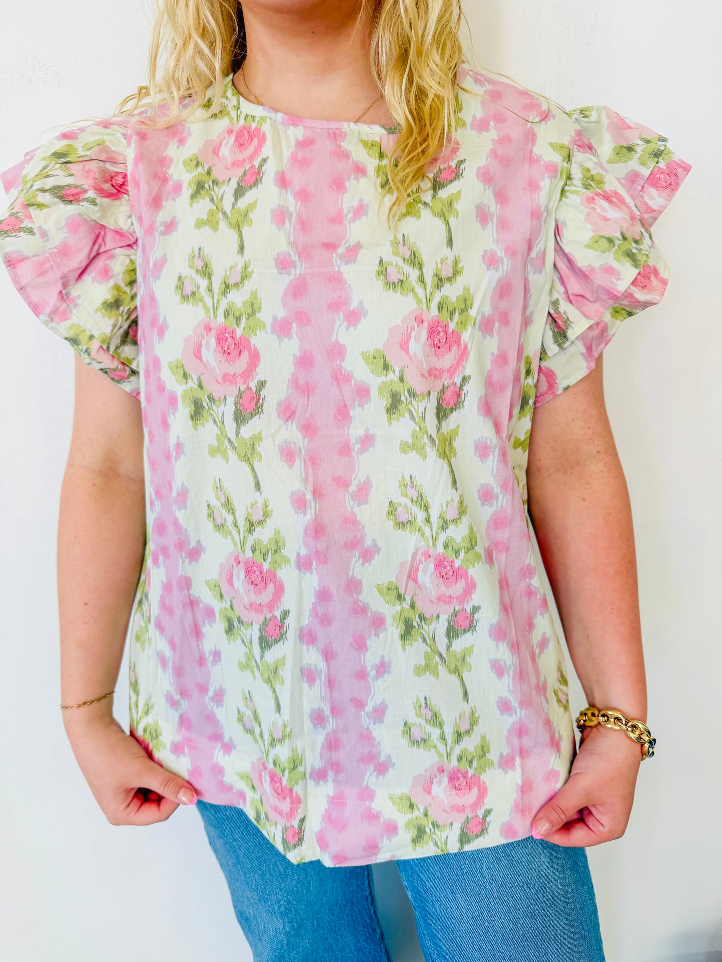 Pink Floral Print Striped Ruffled Sleeve Top