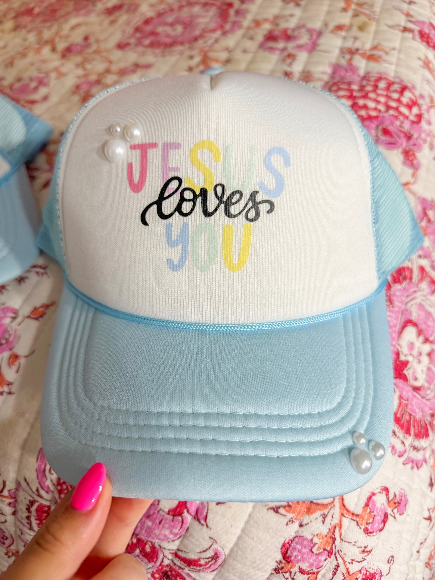 Jesus Loves You Pearl Trucker Hat w/ Hat Chain