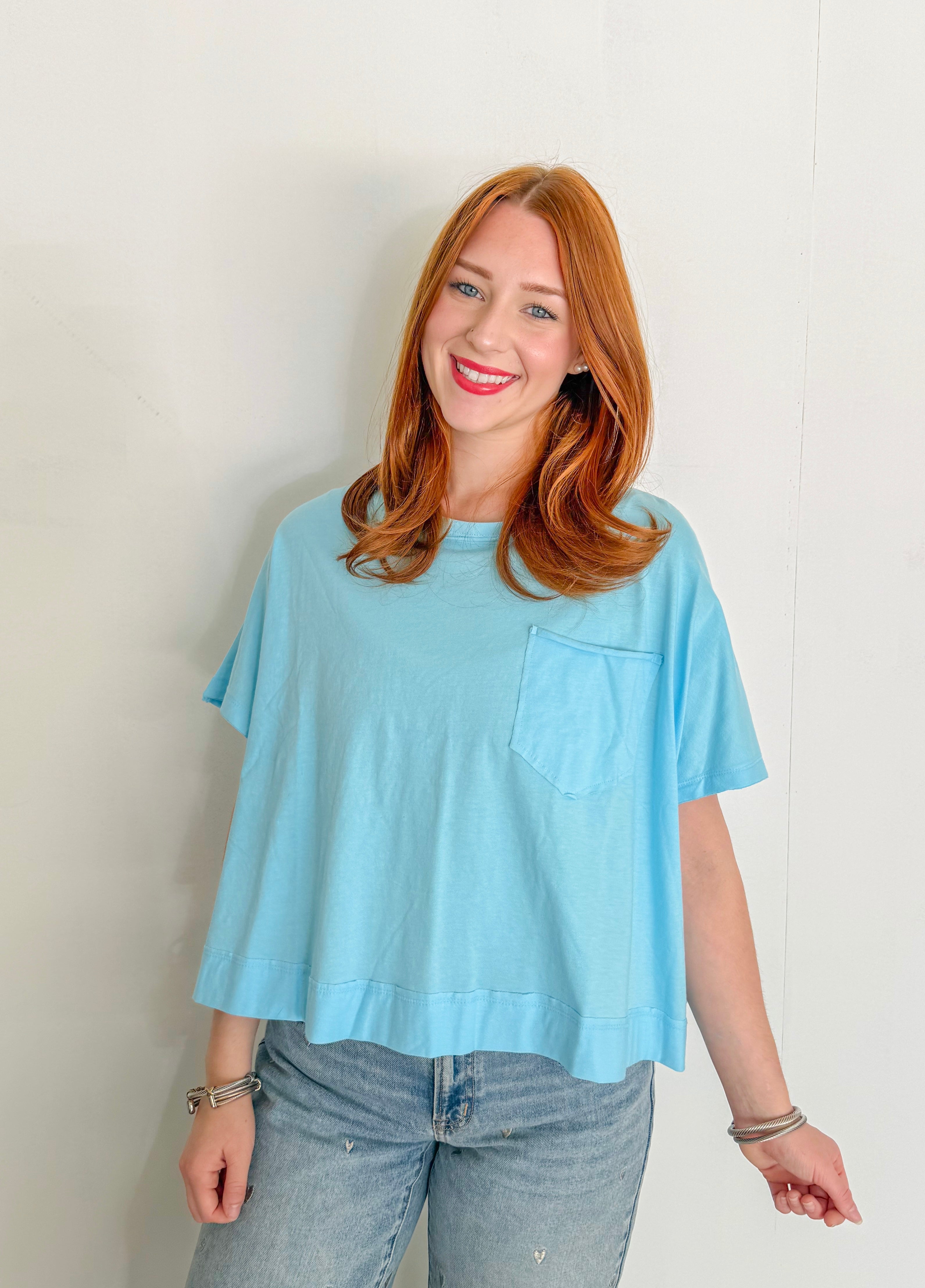 Exposed Seam Boxy Tee- Light Blue