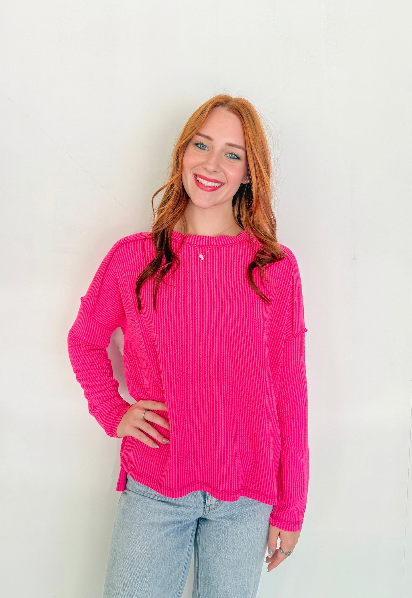Ribbed Long Sleeve Top- Hot Pink