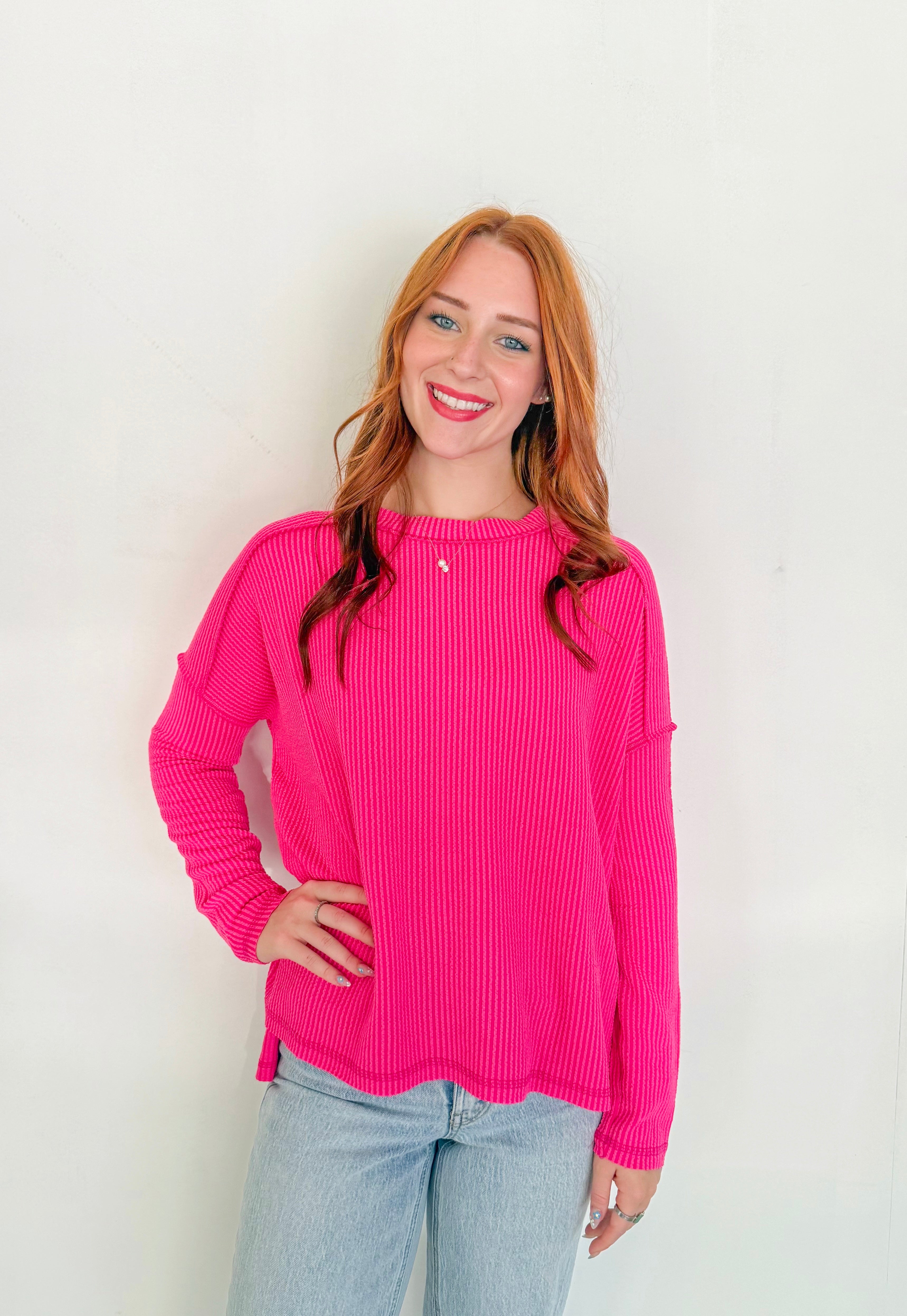 Ribbed Long Sleeve Top- Hot Pink