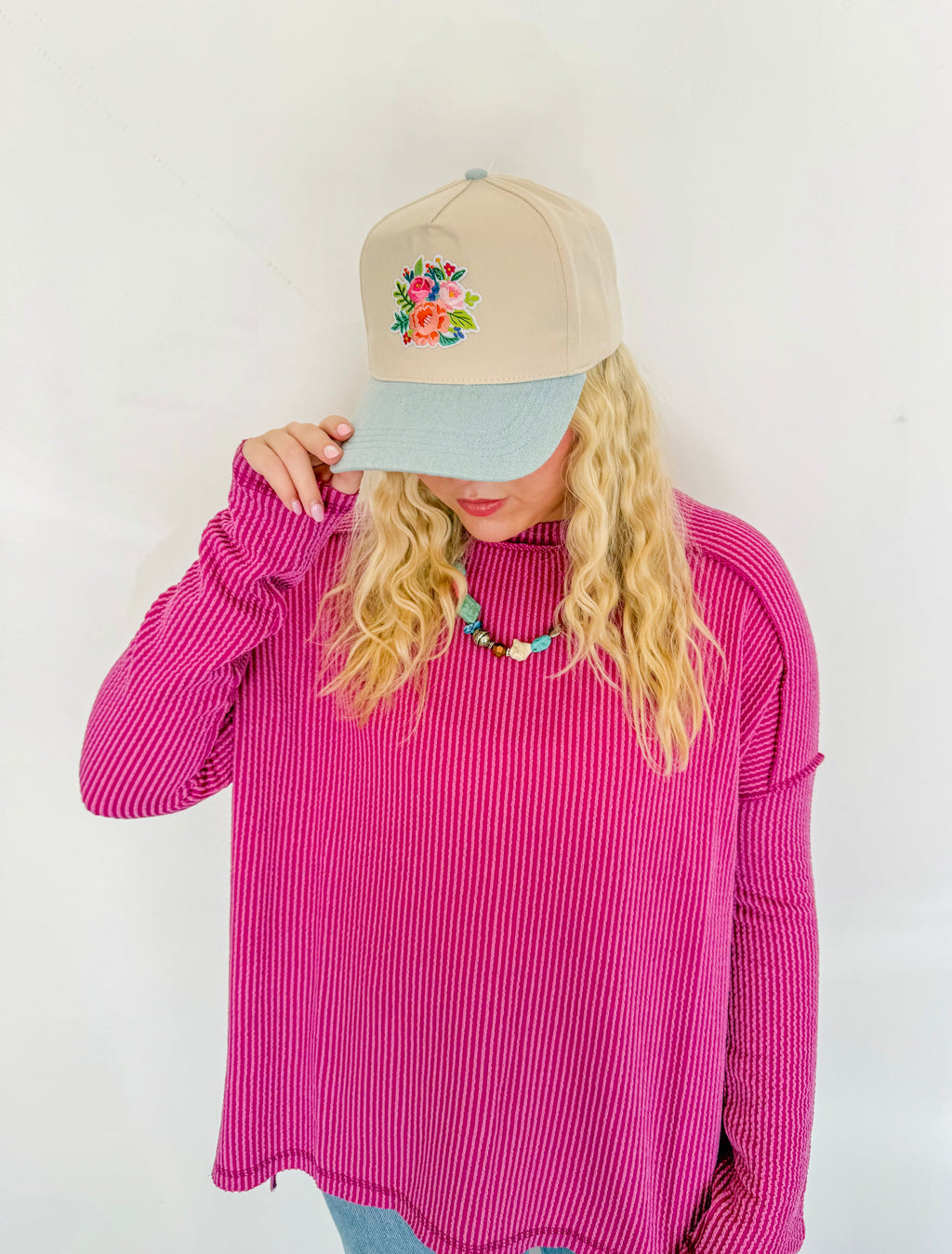 Ribbed Long Sleeve Top- Magenta