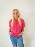 Waffle Short Sleeve Top- Hot Pink