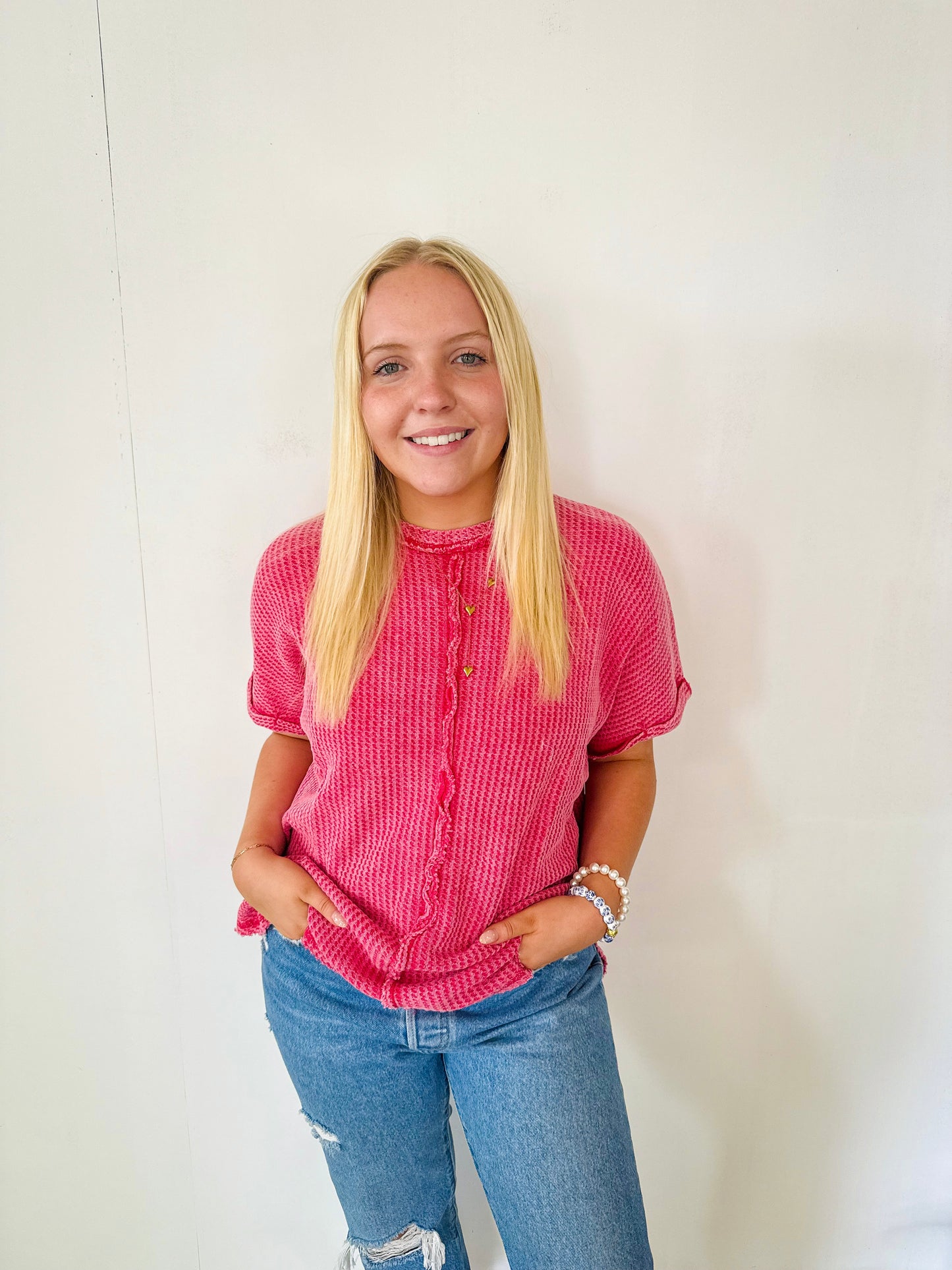 Waffle Short Sleeve Top- Hot Pink