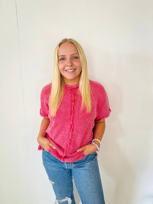 Waffle Short Sleeve Top- Hot Pink