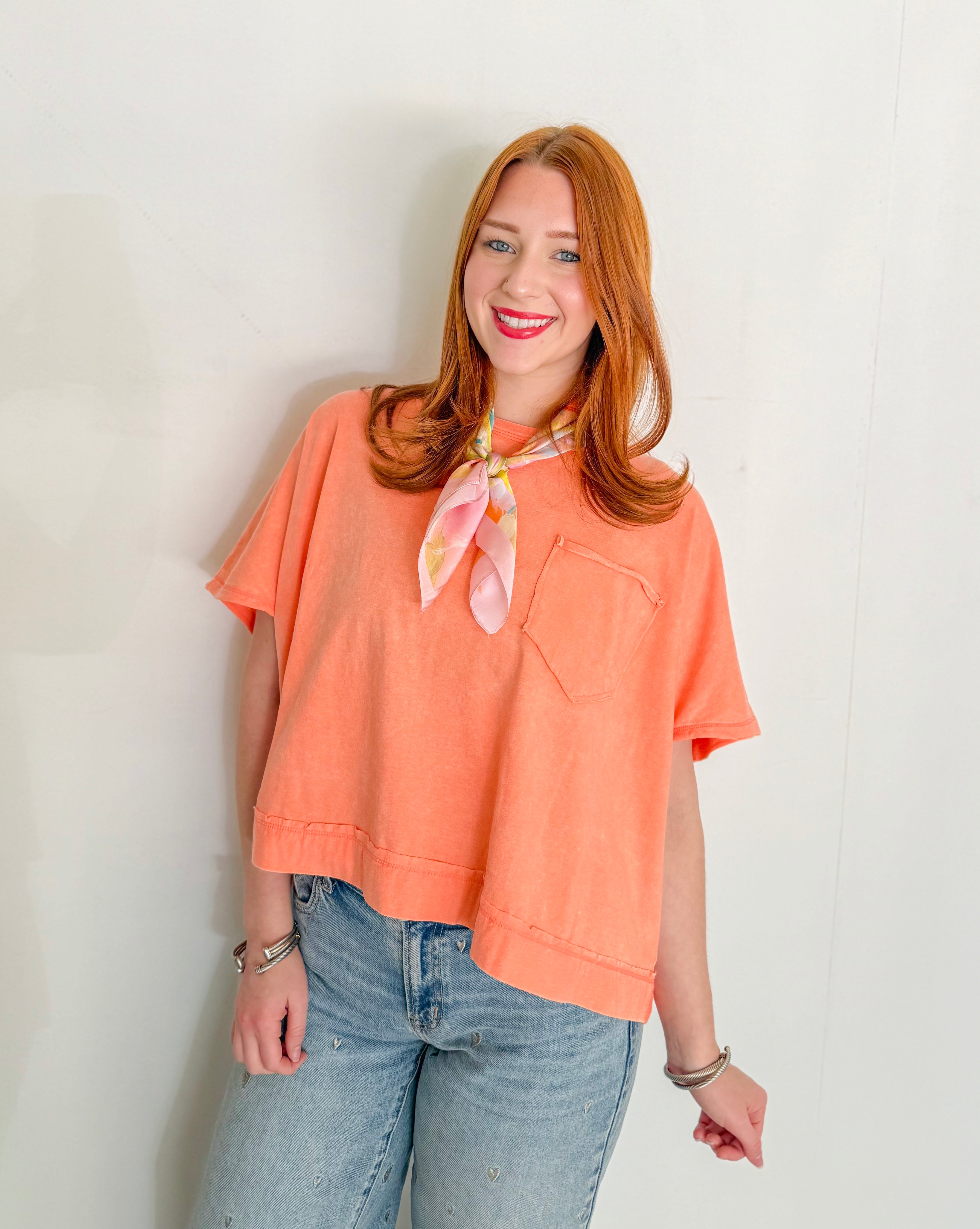 Washed Oversized Boxy Tee- Coral
