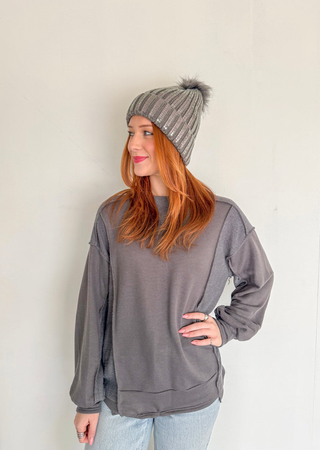 Terry Knit Exposed Stitch Pullover- Charcoal Grey