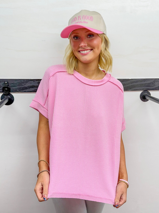 Ribbed Cuff Sleeve Top- Light Pink