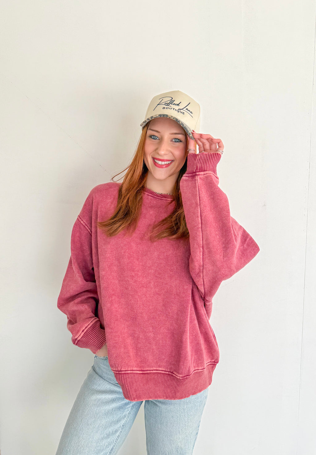 Acid Washed Oversized Fleece Pullover- Red Wine