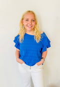 Textured Ruffled Sleeve Round Neck Top: Royal Blue