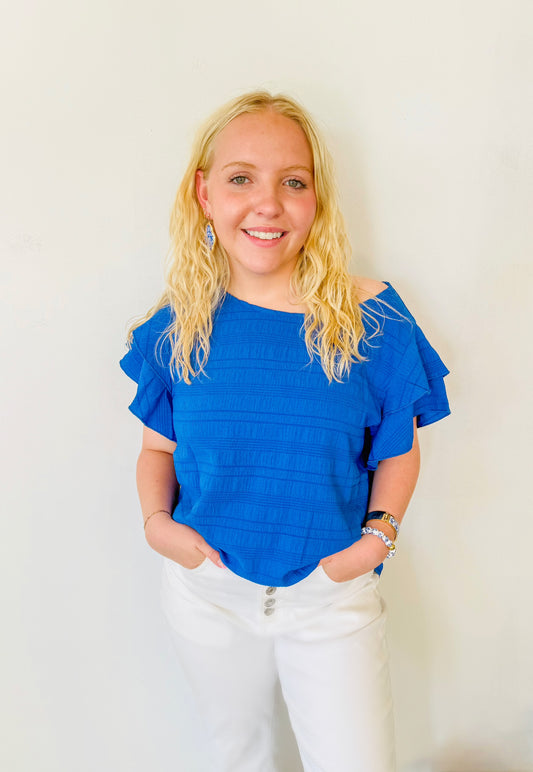 Textured Ruffled Sleeve Round Neck Top: Royal Blue