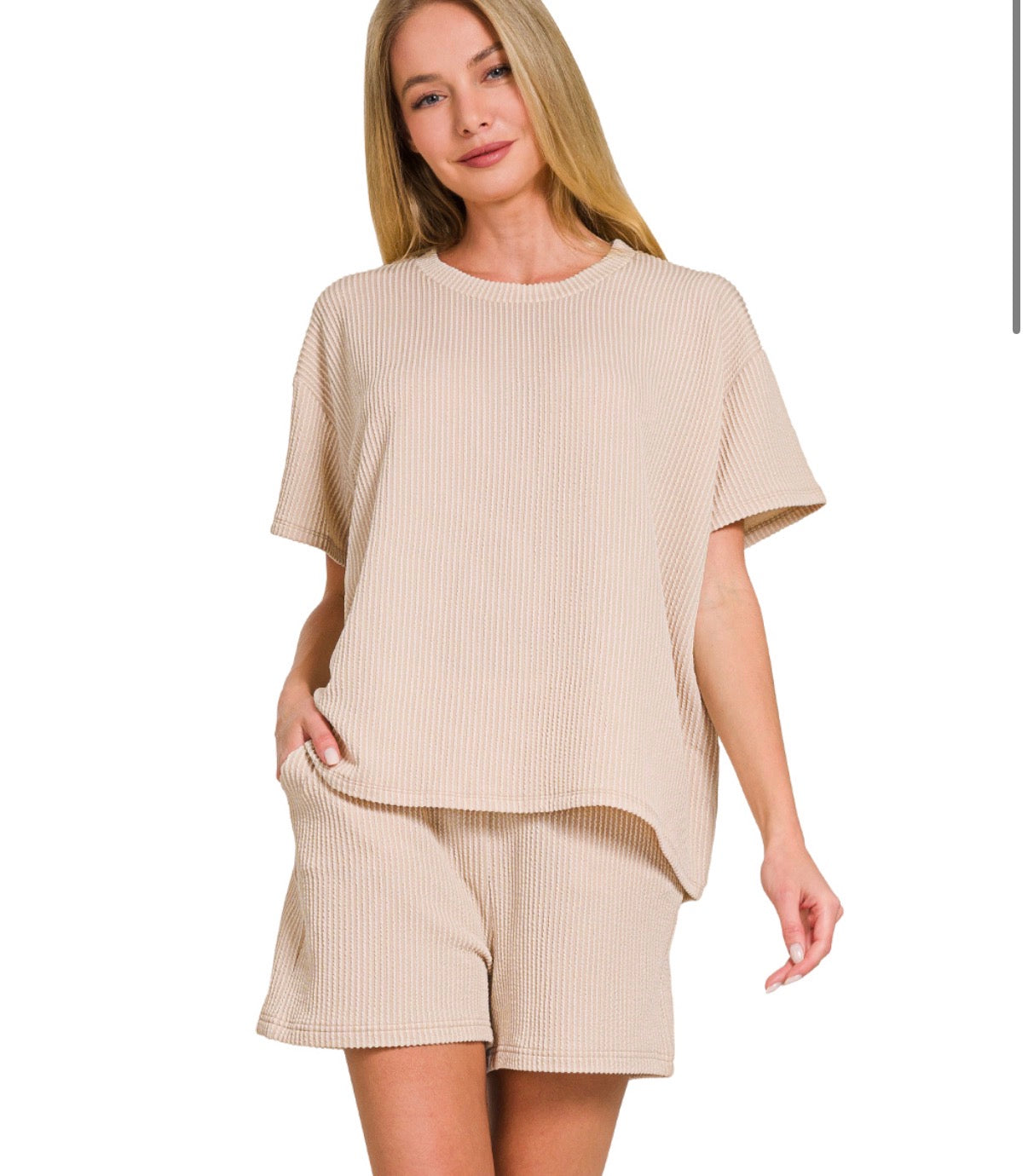 Ribbed Short Sleeve Tee and Short Sets- Sand Beige