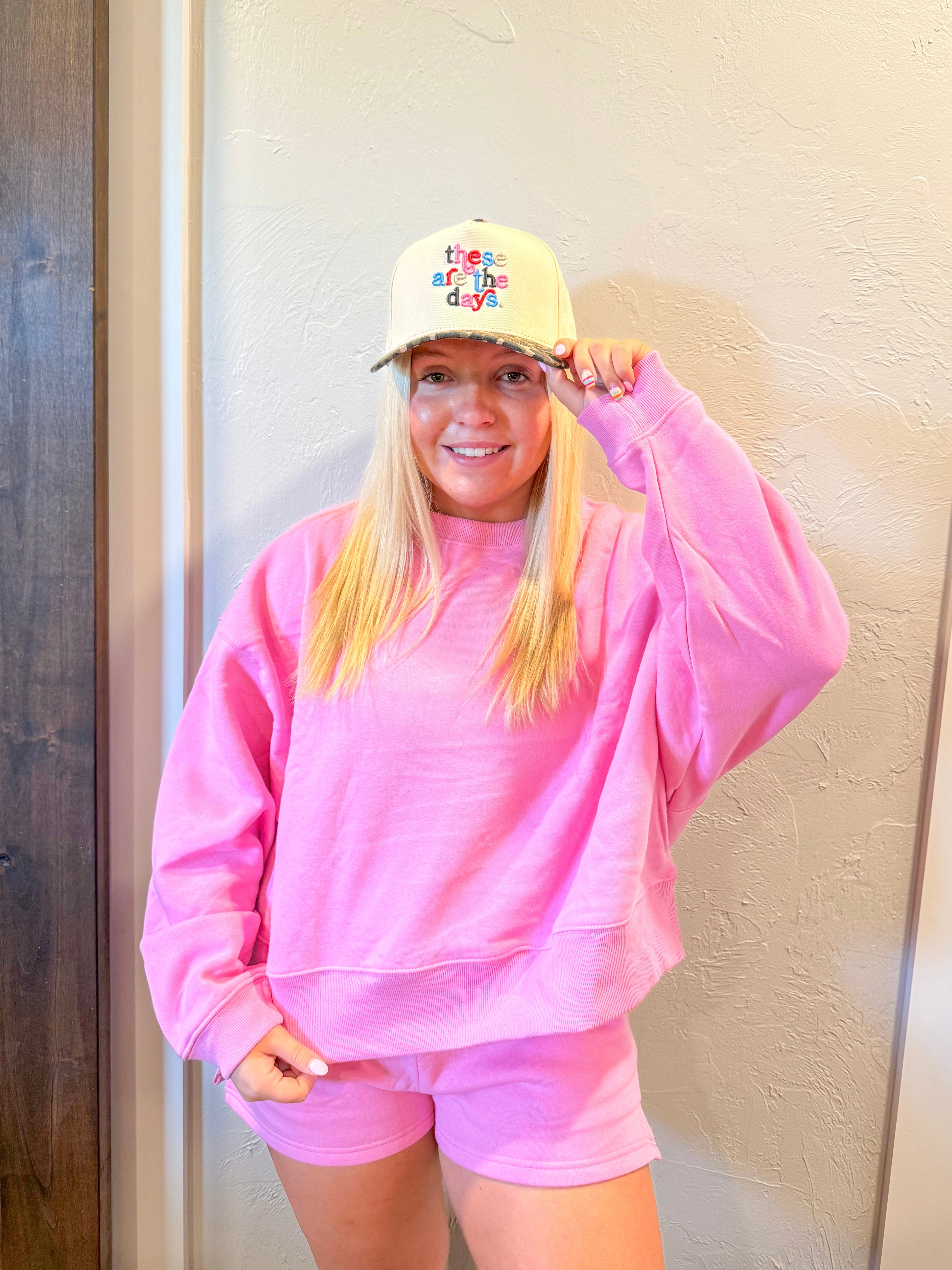 Fleece Round Neck Sweatshirt & Short Set - Pink