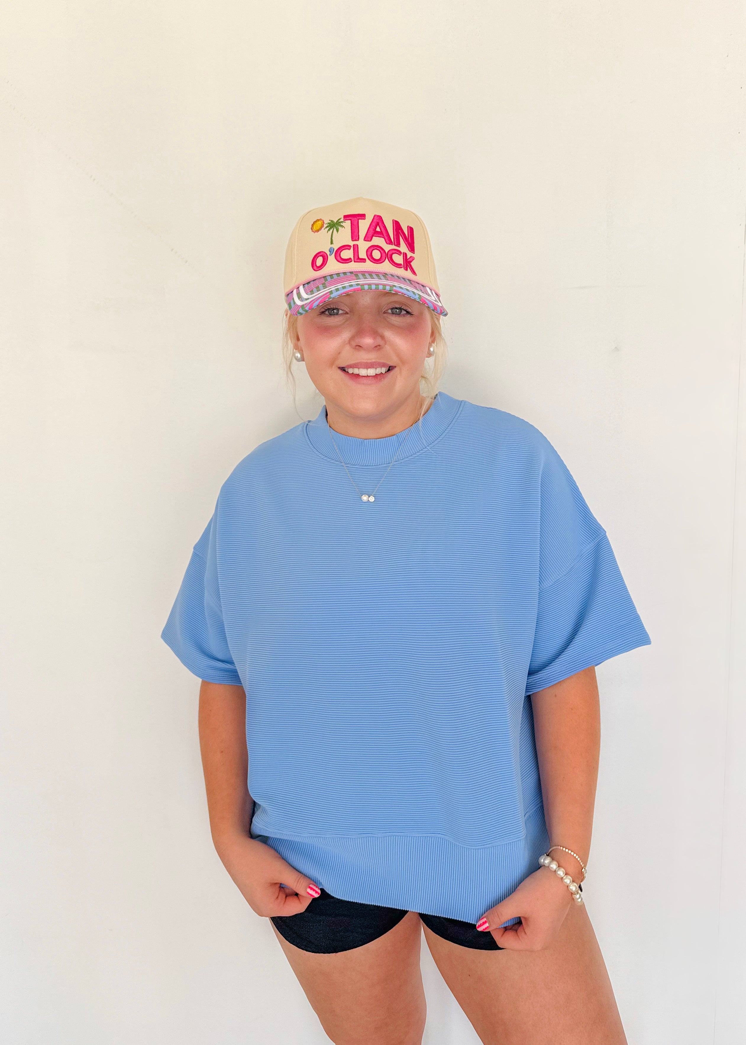 Ribbed Round Neck Top- Cornflower Blue