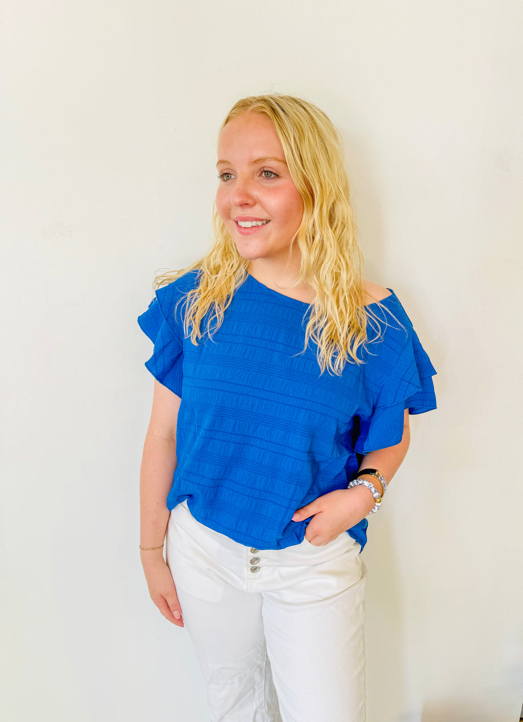 Textured Ruffled Sleeve Round Neck Top: Royal Blue