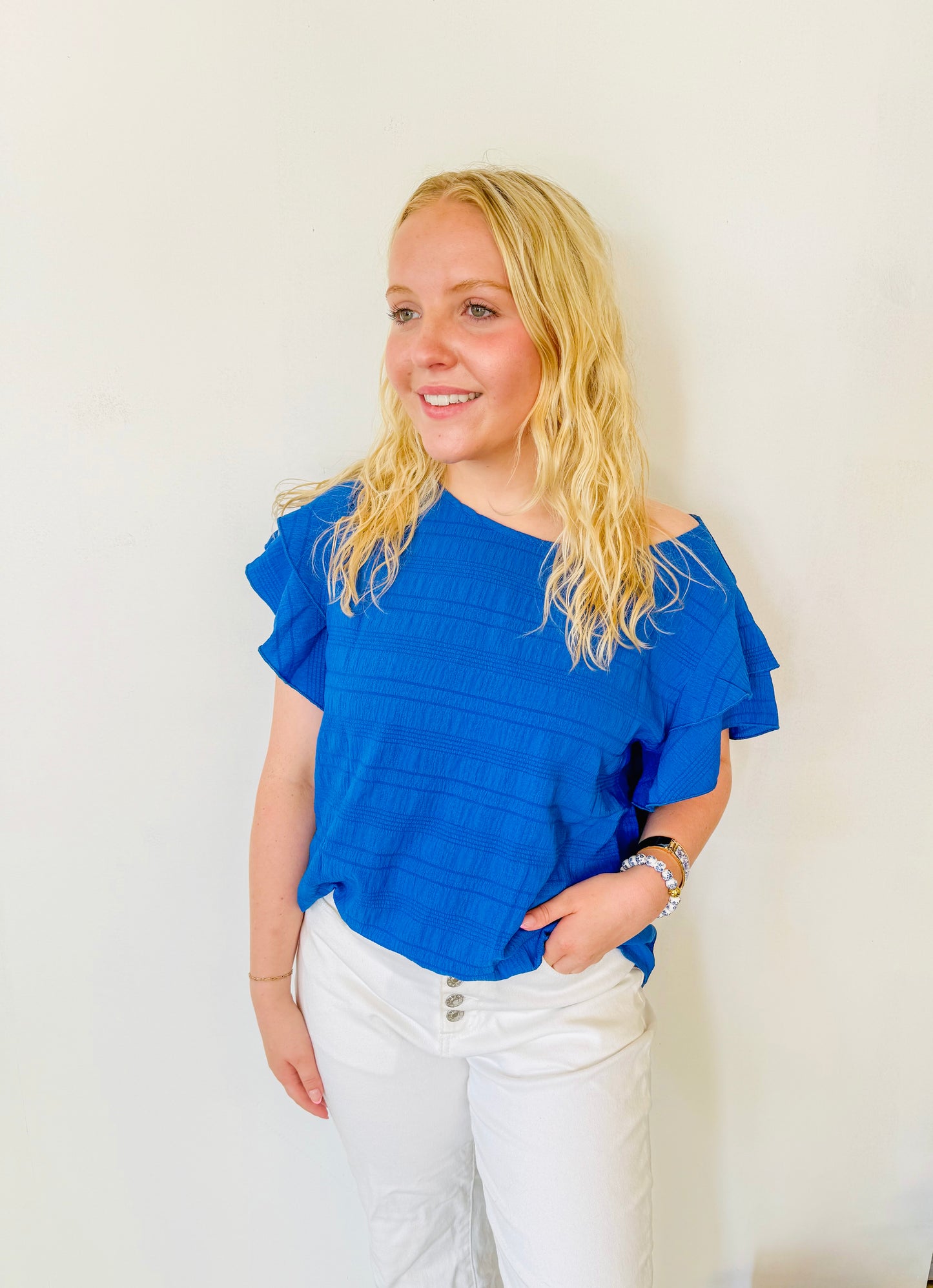 Textured Ruffled Sleeve Round Neck Top: Royal Blue
