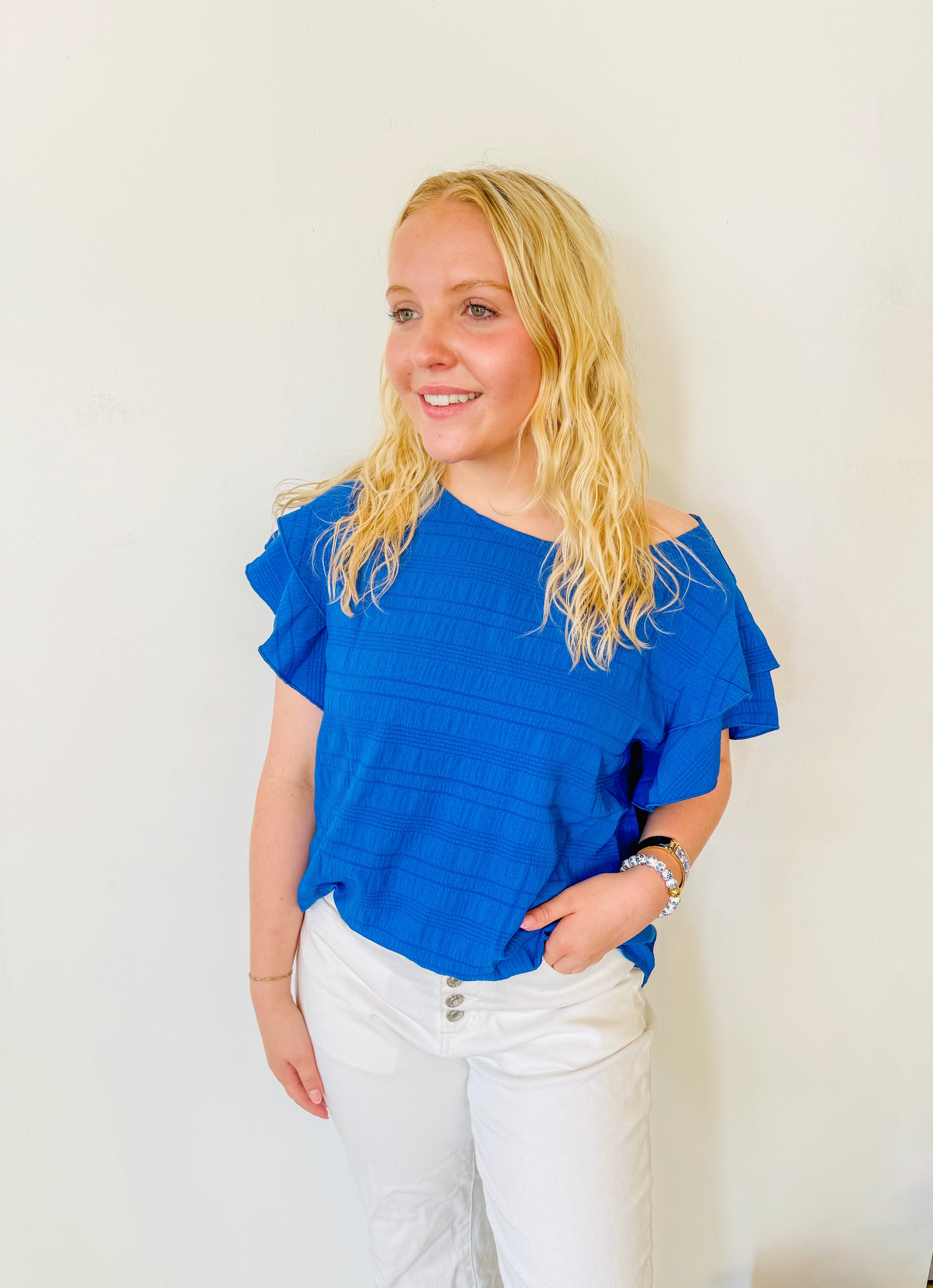 Textured Ruffled Sleeve Round Neck Top: Royal Blue