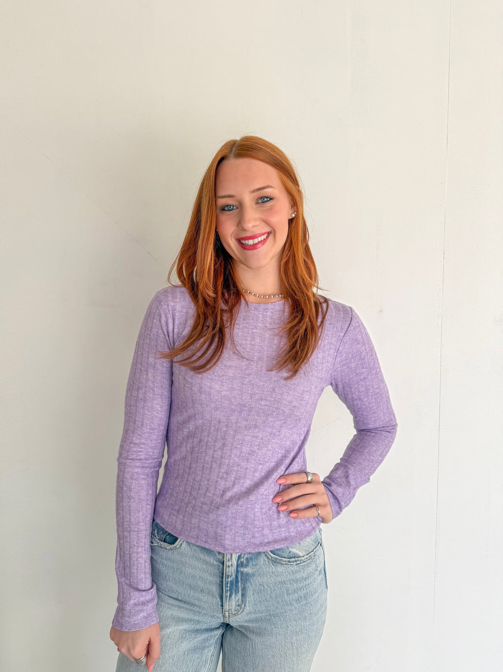 Soft Ribbed Long Sleeve Top- Lavender