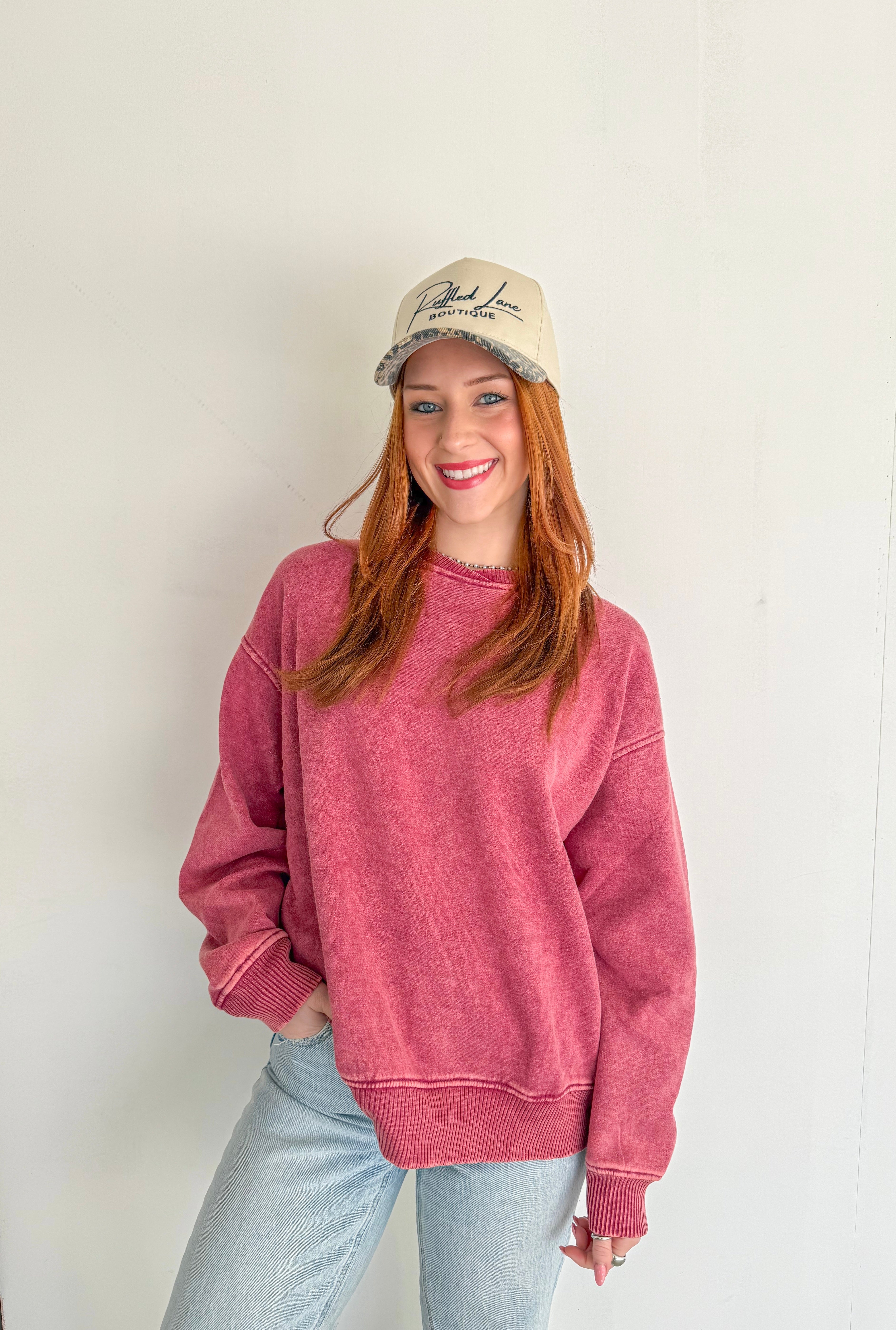Acid Washed Oversized Fleece Pullover- Red Wine