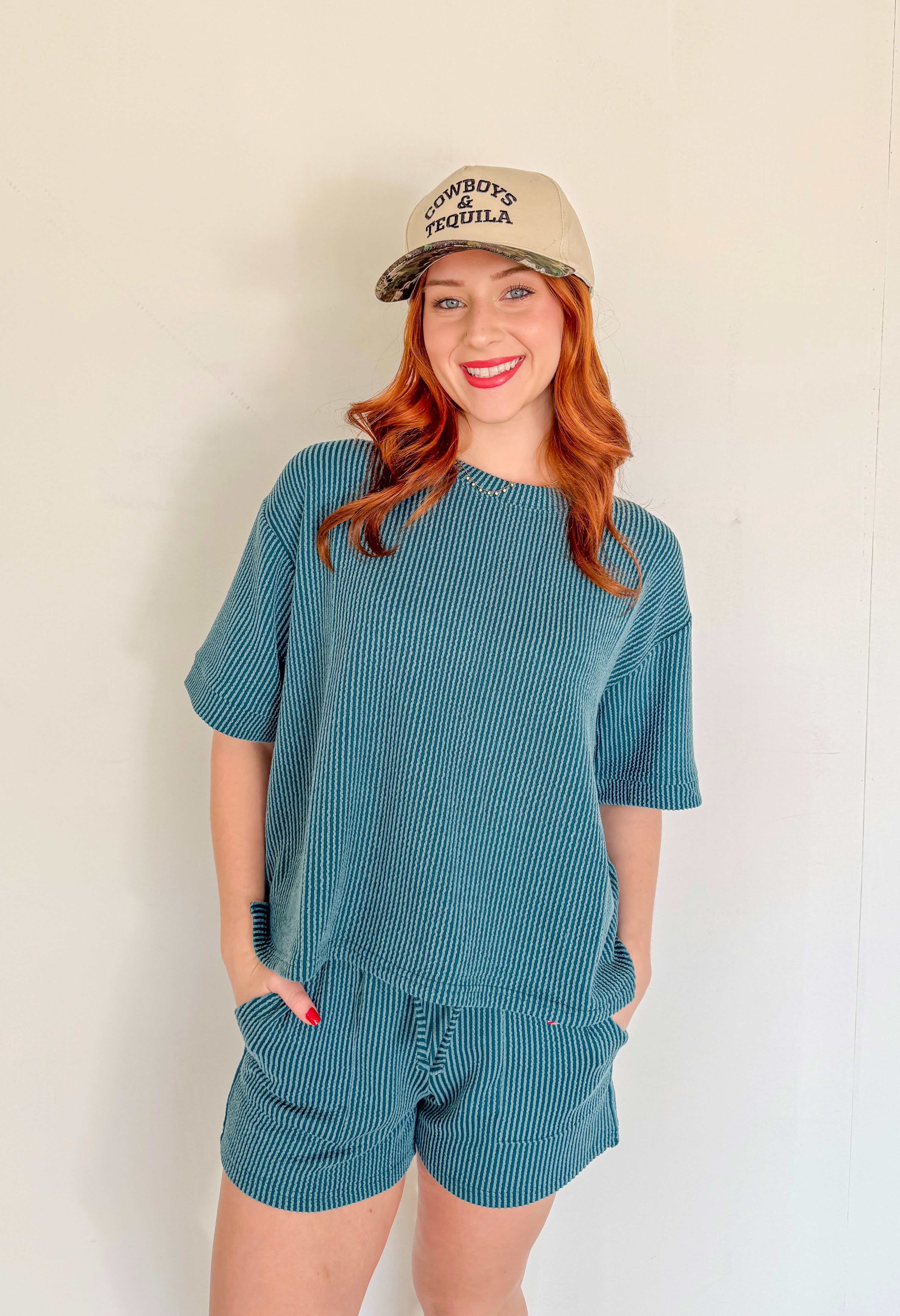 Ribbed Short Sleeve Tee and Short Sets- Teal