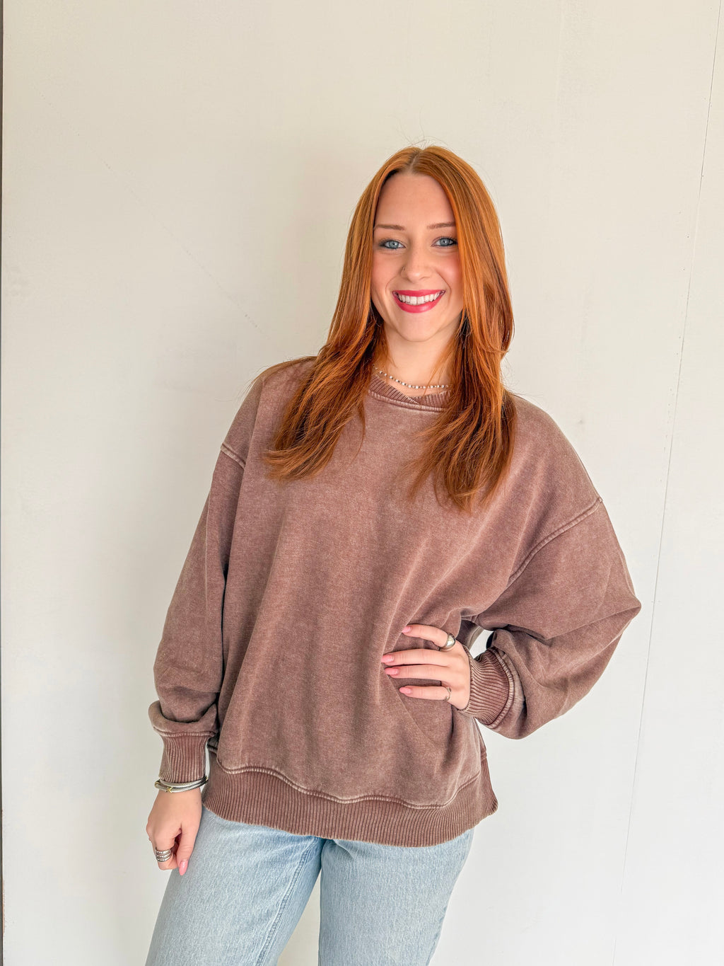 Acid Washed Oversized Fleece Pullover- Brown