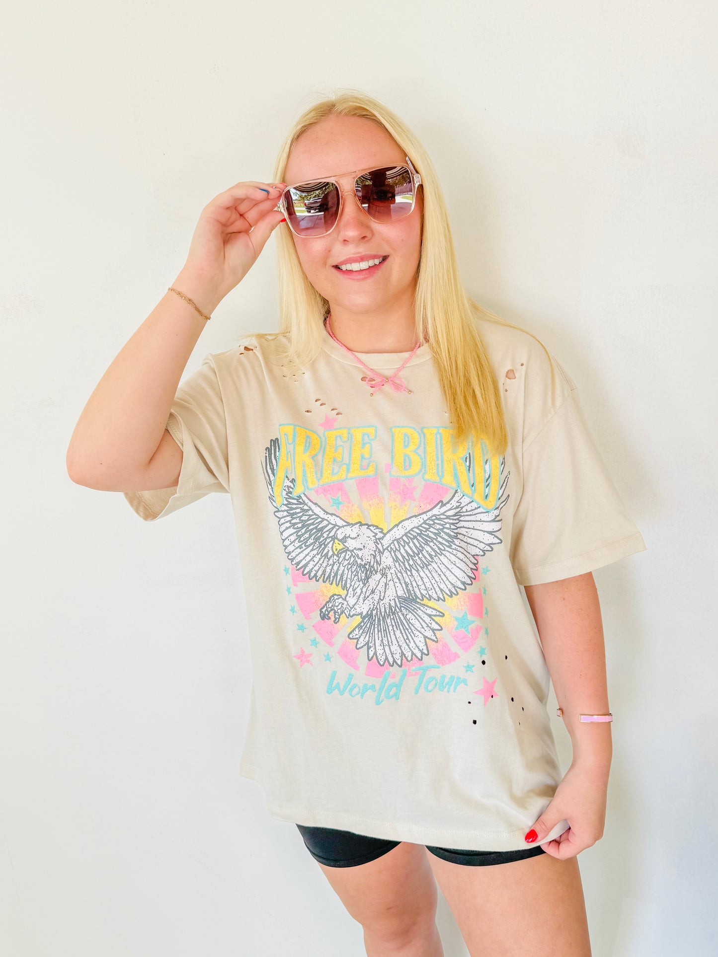 Free Bird World Tour Graphic Distressed Tee- Sand