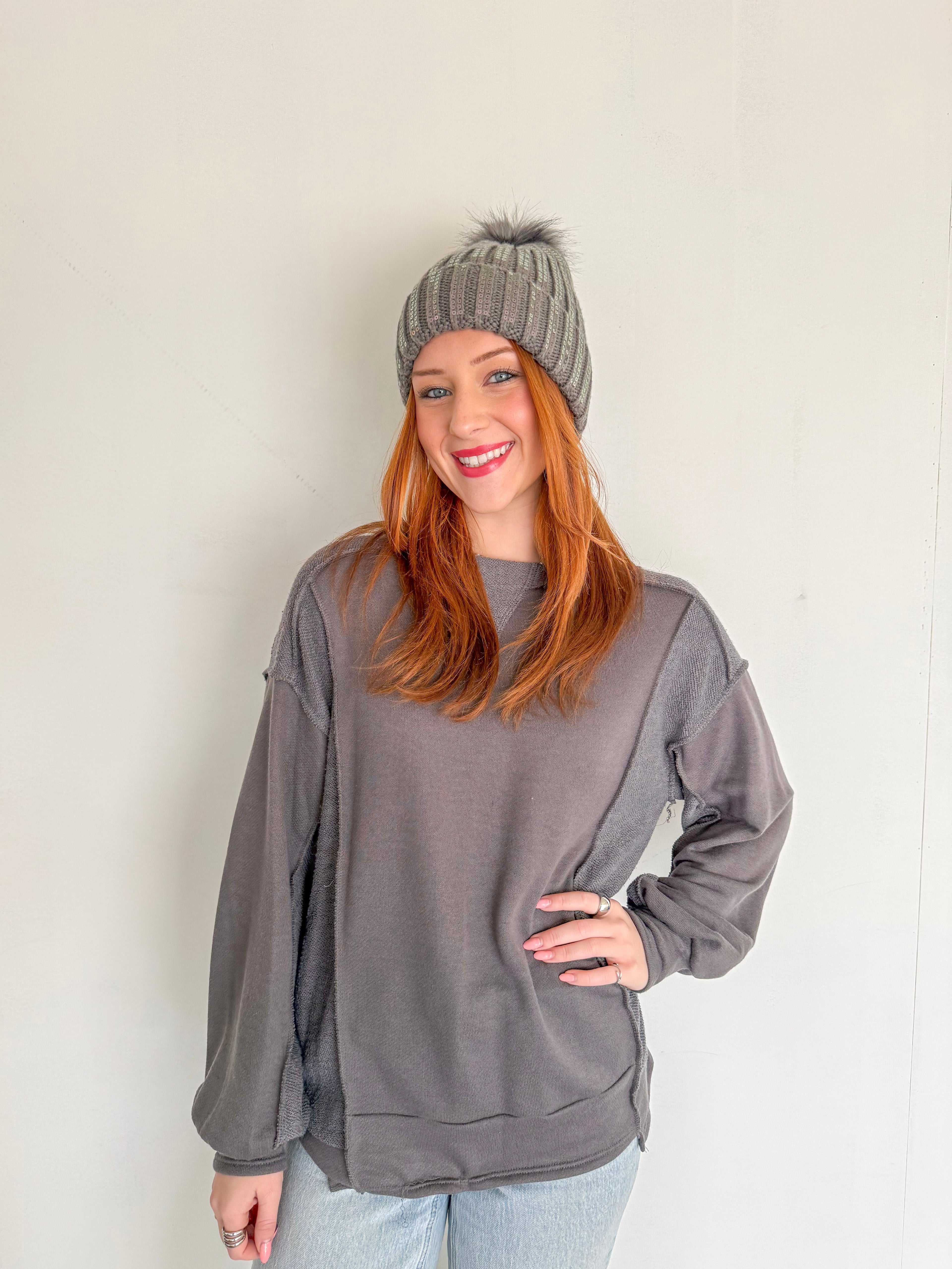 Terry Knit Exposed Stitch Pullover- Charcoal Grey