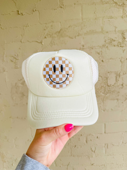 Checkered Smiley Trucker Hat