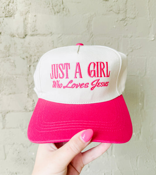 Just A Girl Who Loves Jesus Canvas Trucker Hat- Hot Pink