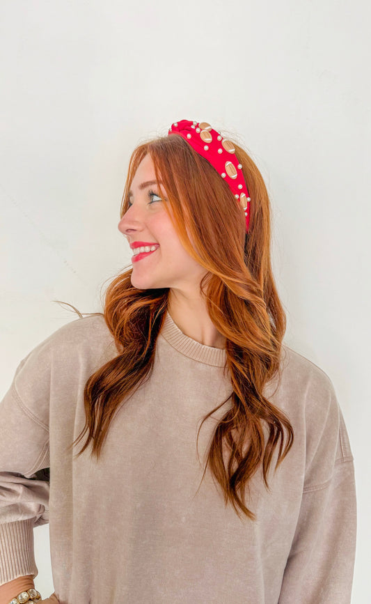 Pearl & Football Headband- Red