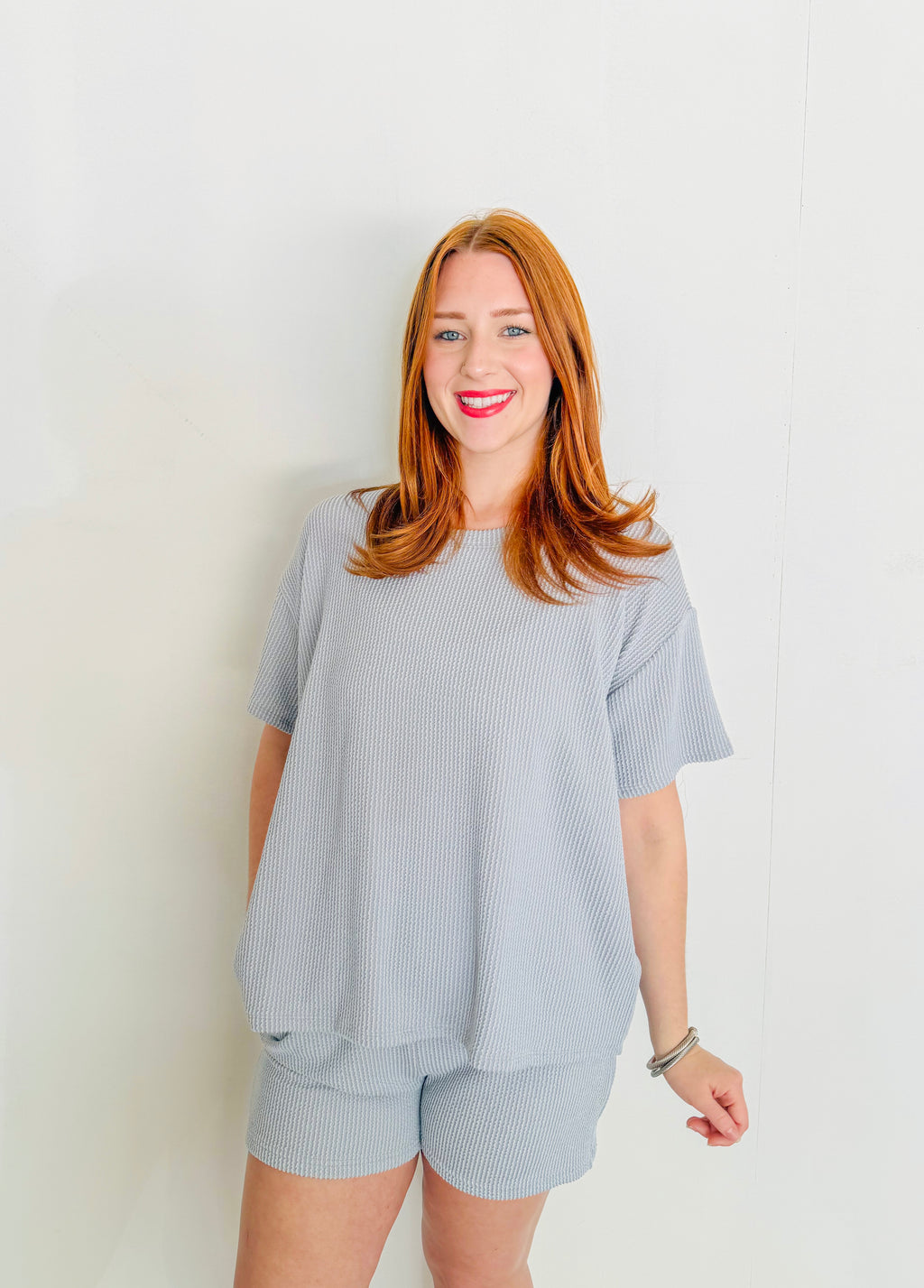Ribbed Short Sleeve Tee and Short Sets- Blue Grey