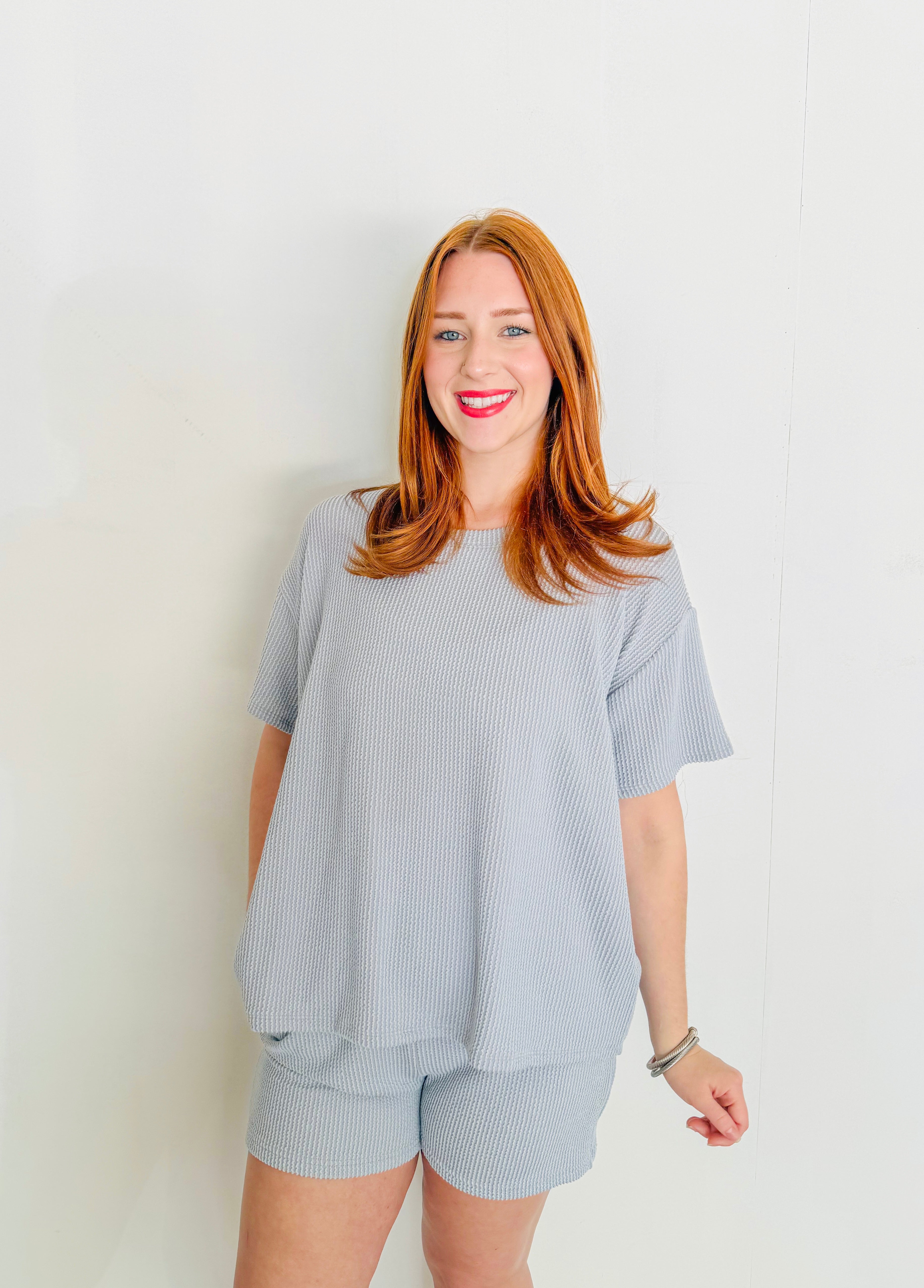 Ribbed Short Sleeve Tee and Short Sets- Blue Grey