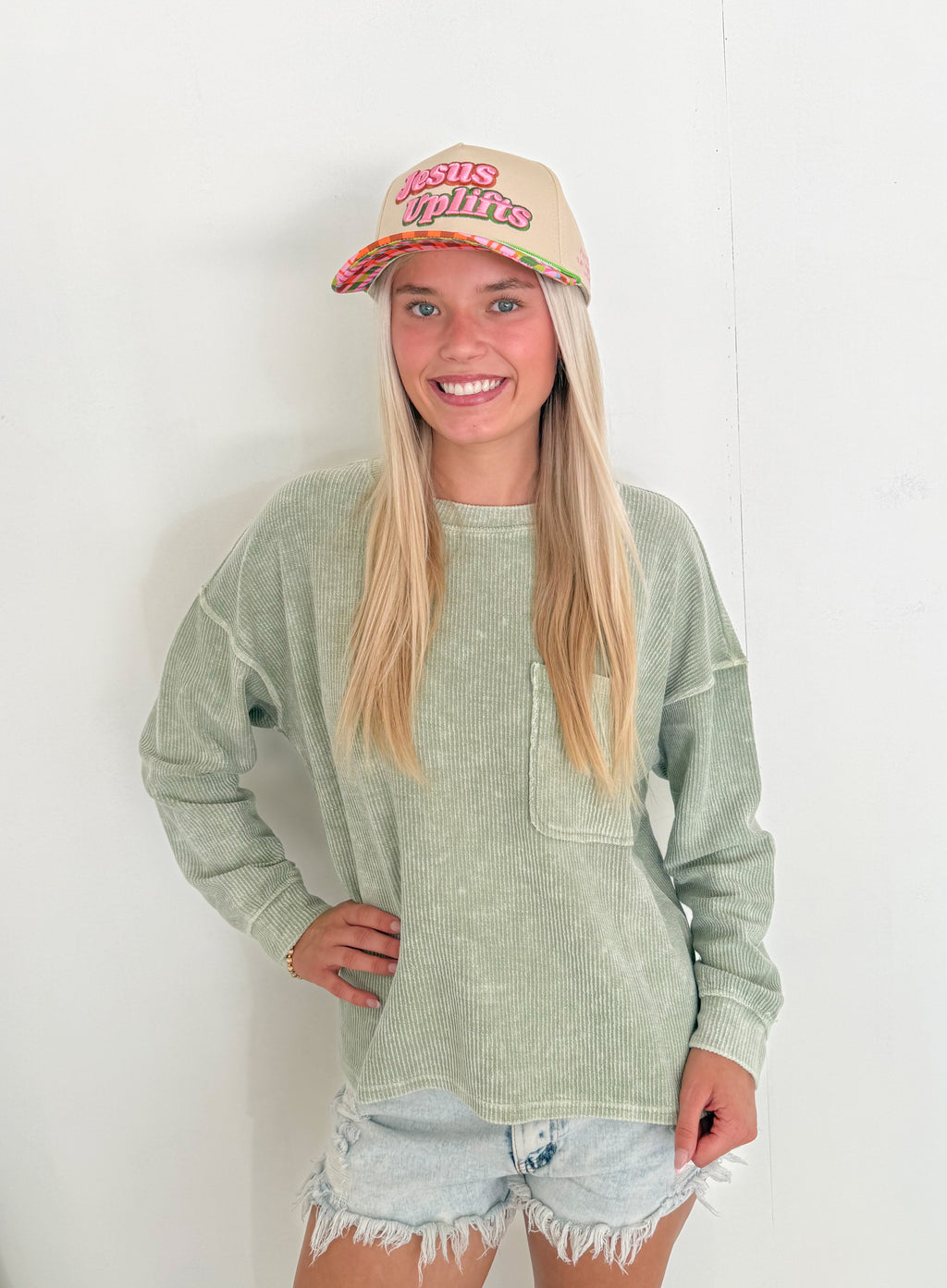 Washed Rib Knit Long Sleeve Top- Light Green