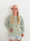 Washed Rib Knit Long Sleeve Top- Light Green