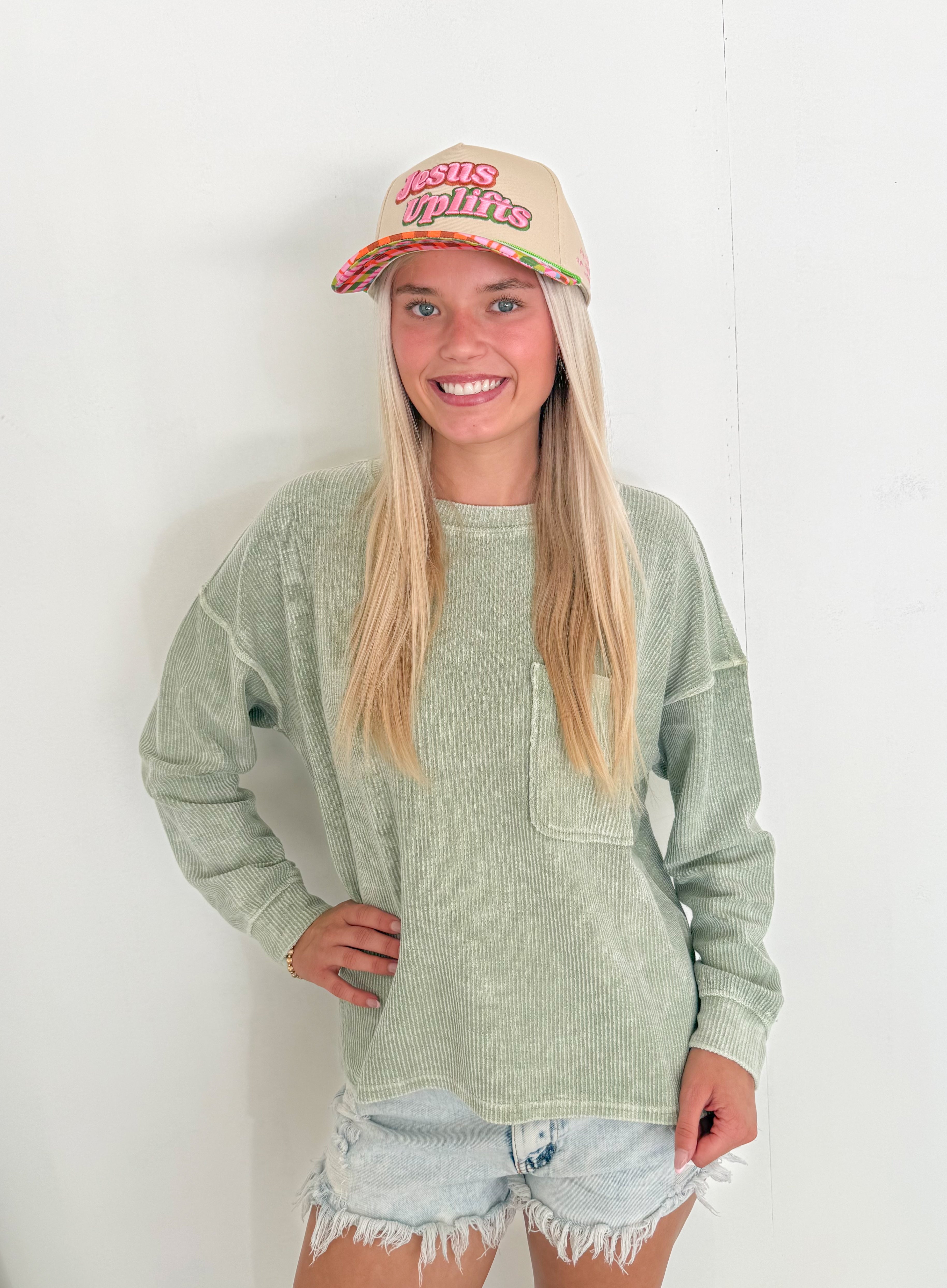 Washed Rib Knit Long Sleeve Top- Light Green