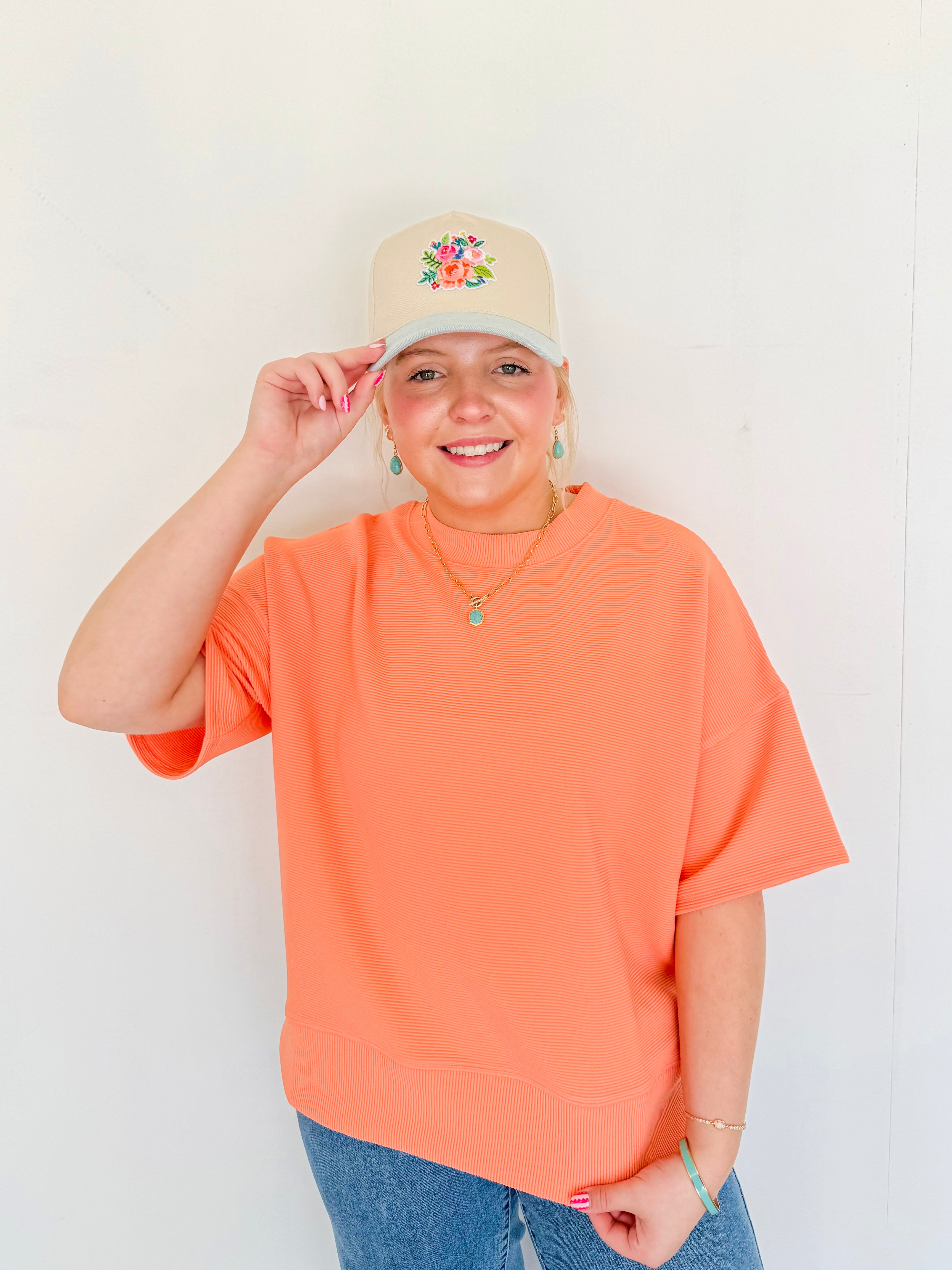 Ribbed Round Neck Top- Coral