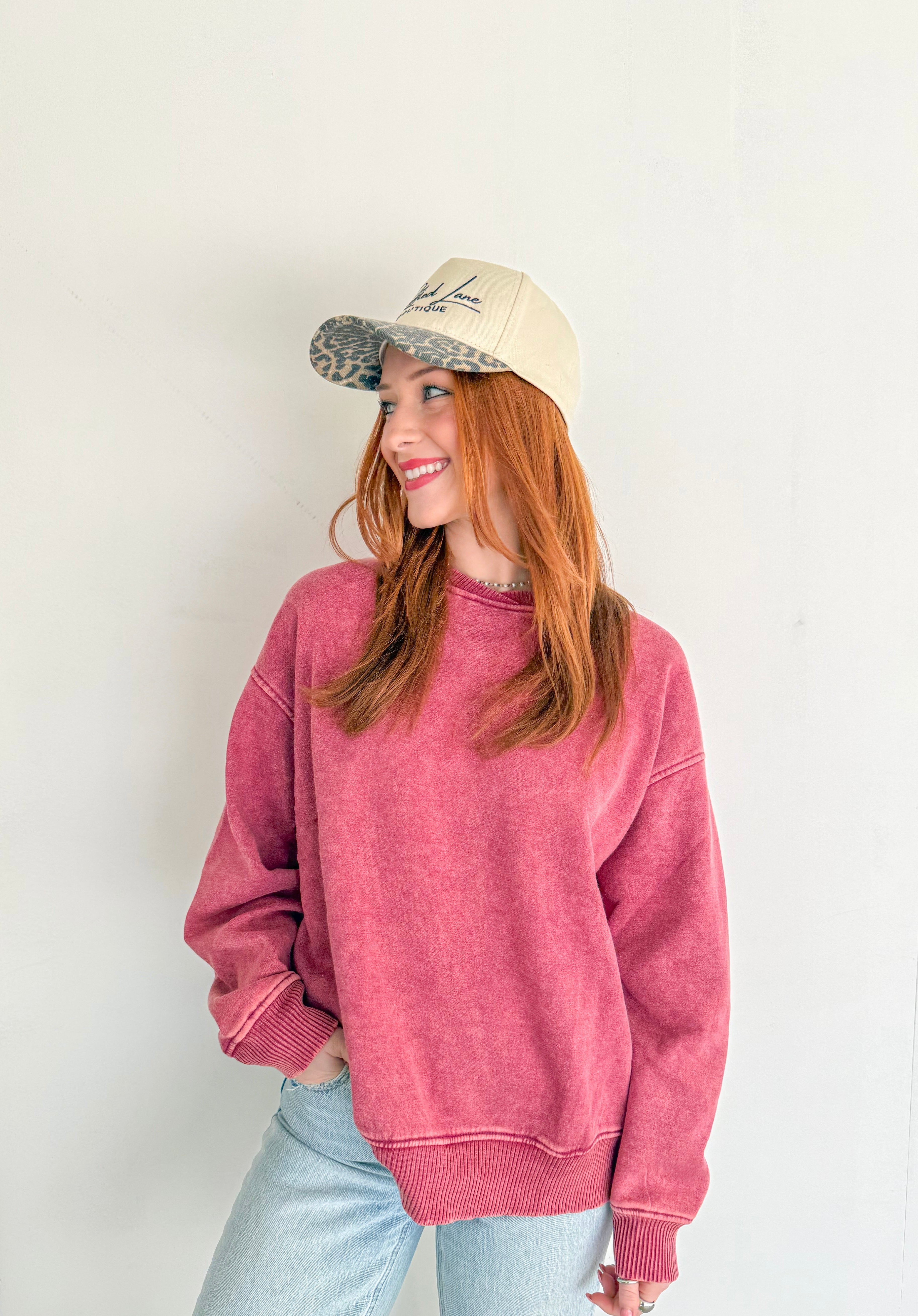 Acid Washed Oversized Fleece Pullover- Red Wine