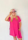 Raw Edge Gauze V-Neck Dress- Hot Pink