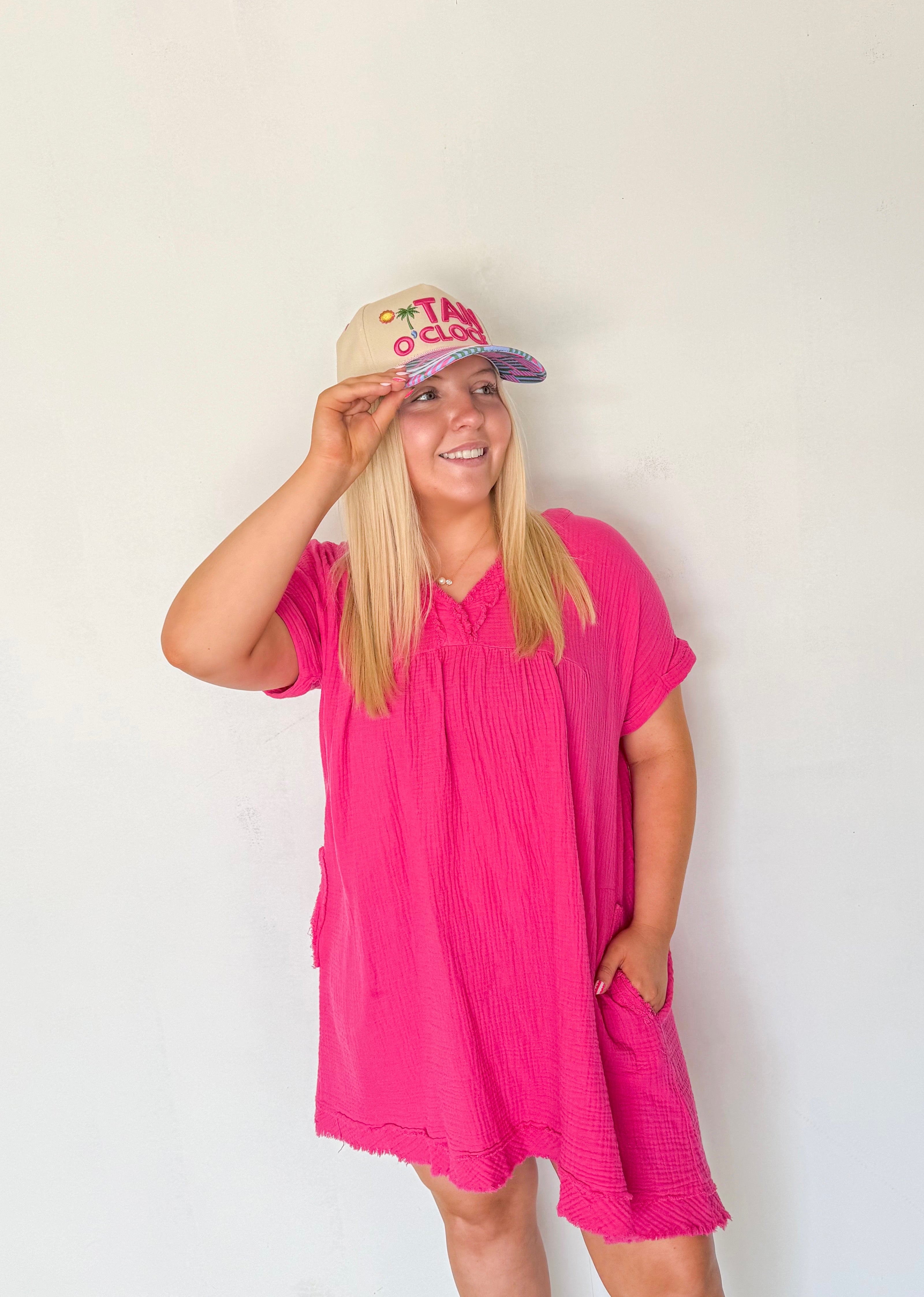 Raw Edge Gauze V-Neck Dress- Hot Pink