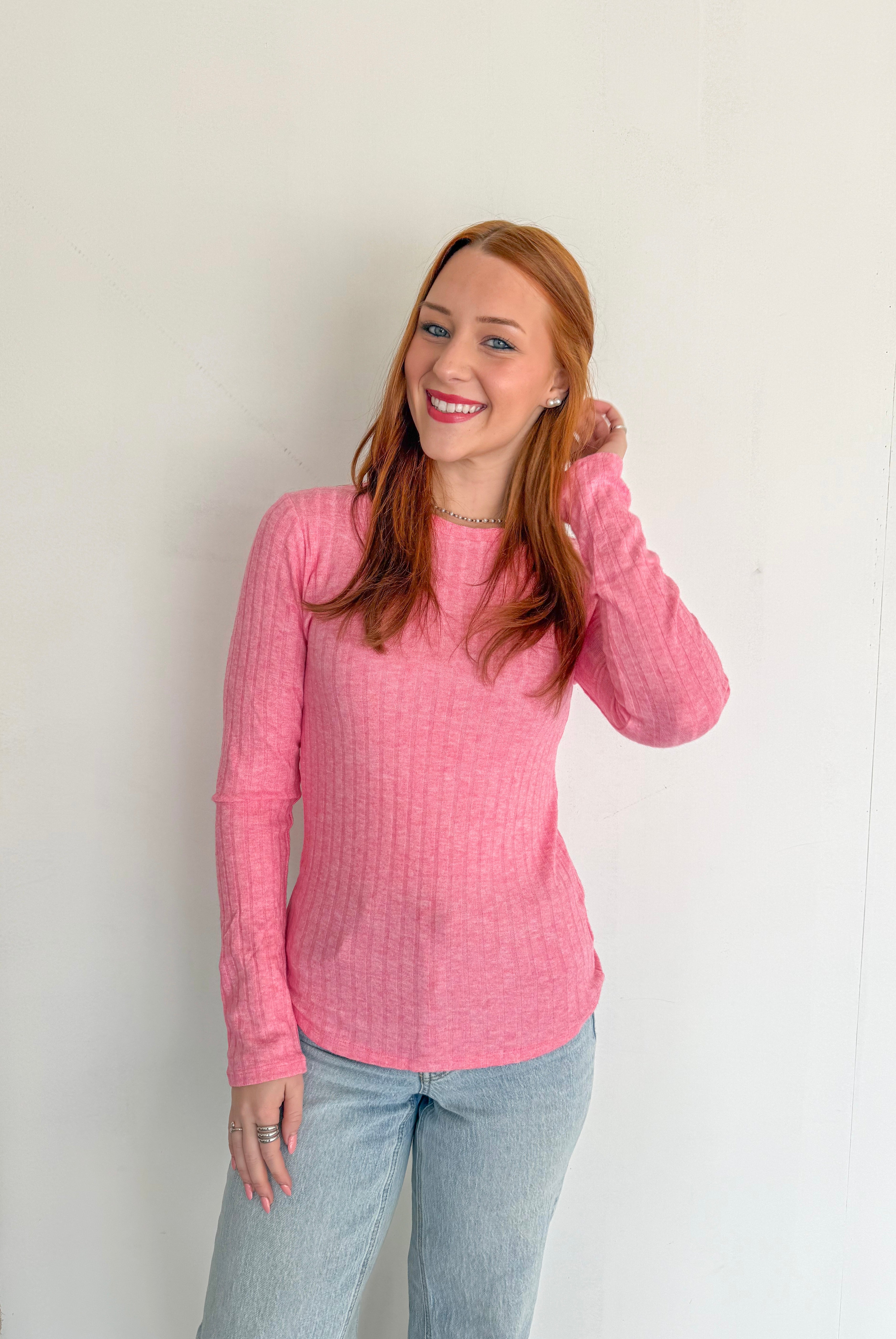 Soft Ribbed Long Sleeve Top- Fushia