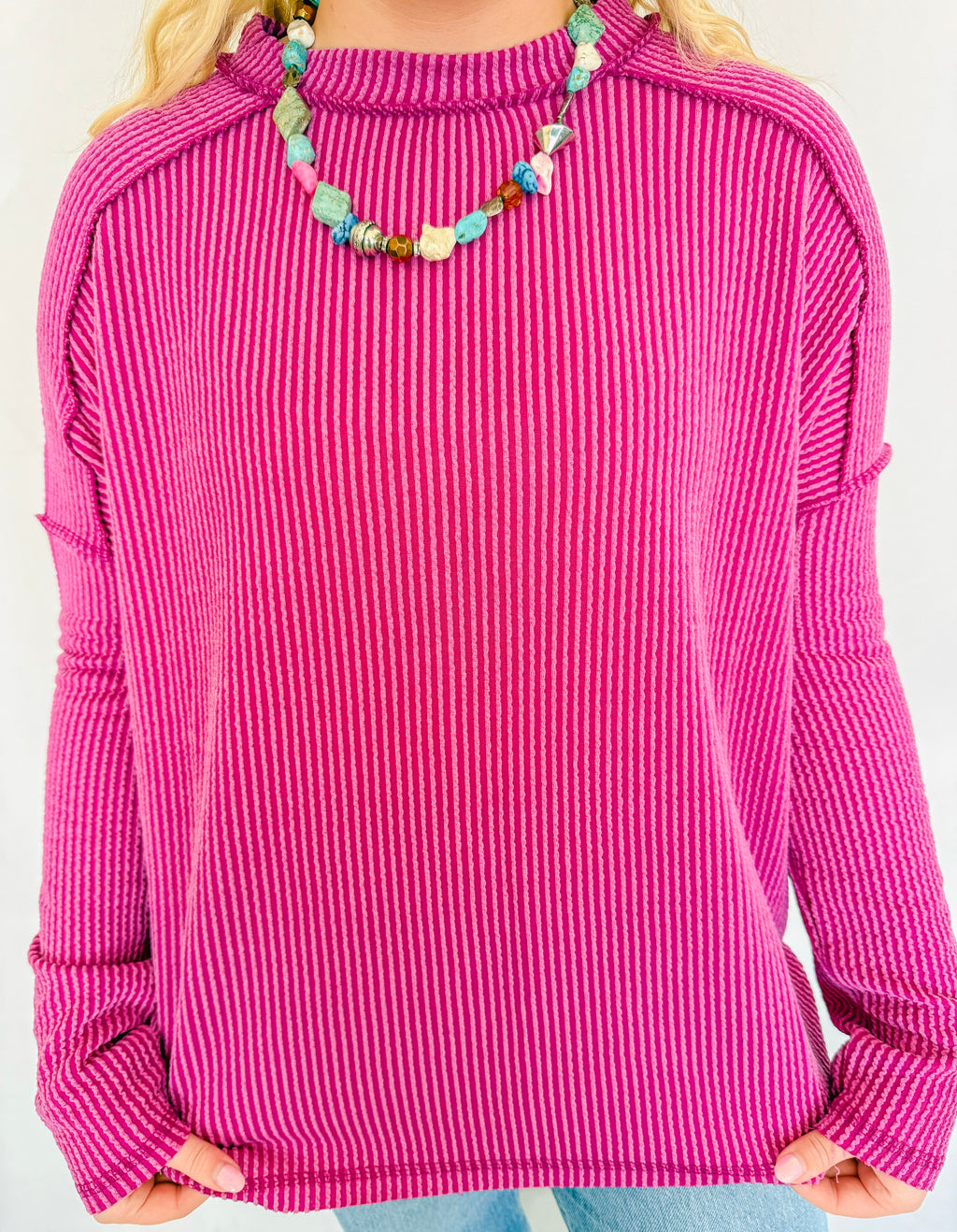 Ribbed Long Sleeve Top- Magenta