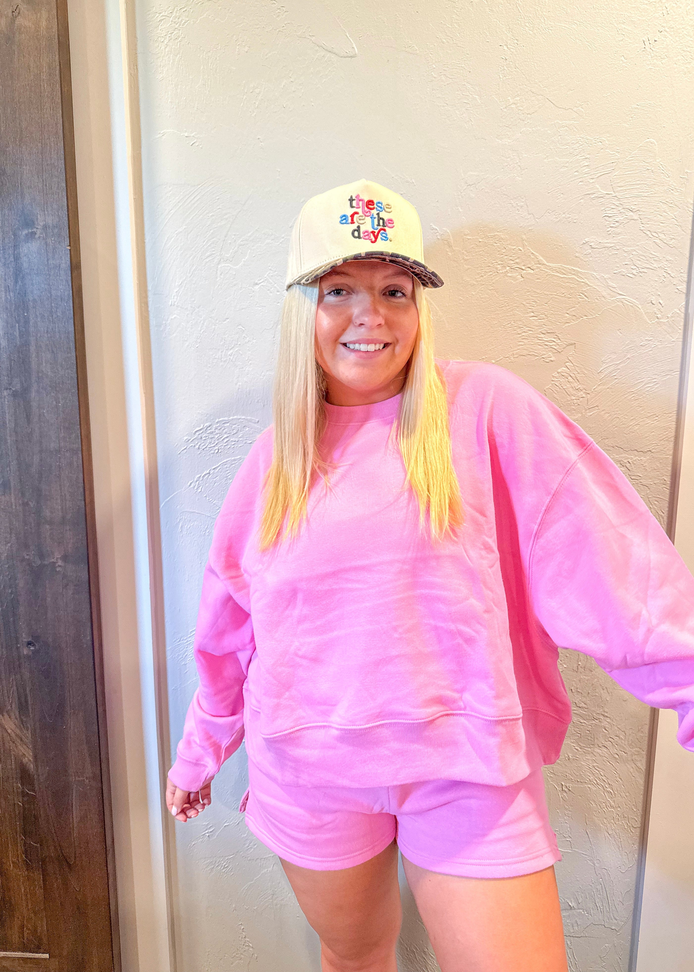 Fleece Round Neck Sweatshirt & Short Set - Pink